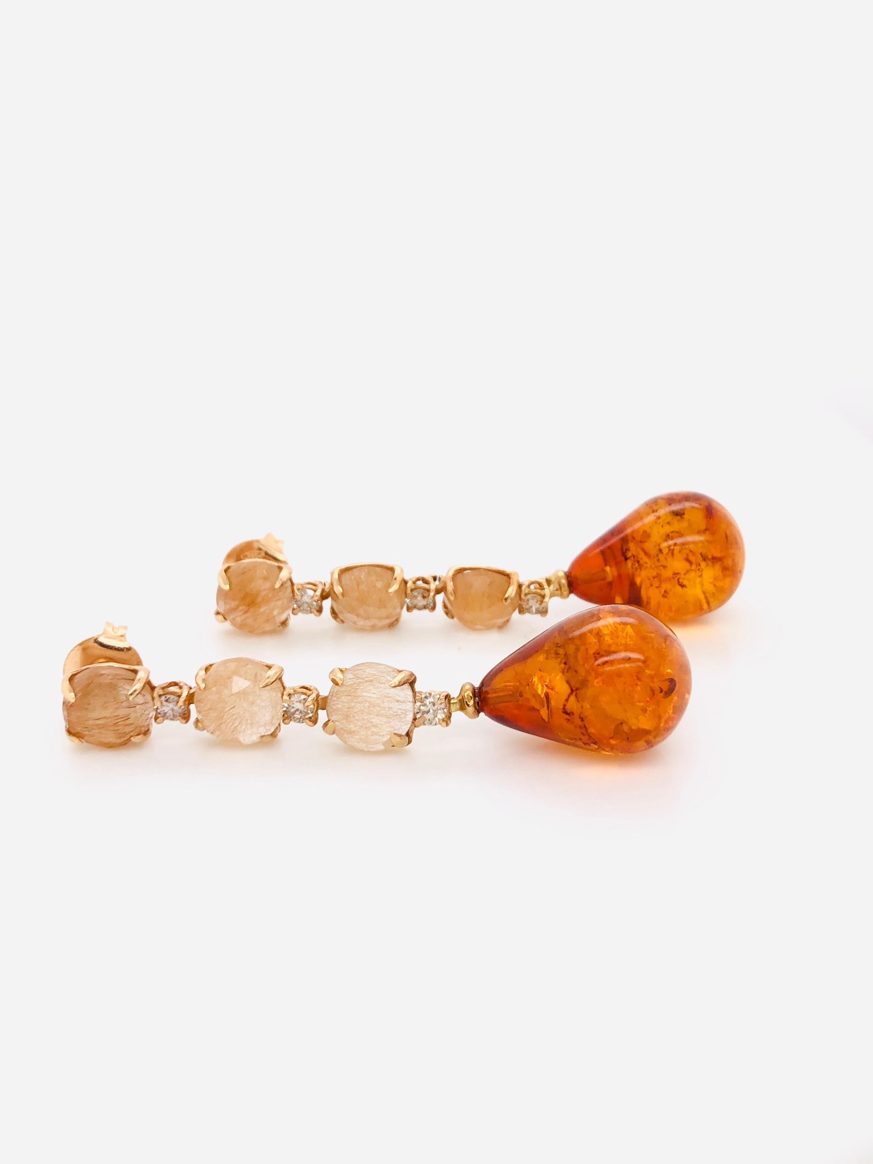 Contemporary Rutiled Quartz, Brown Diamonds, Amber on Gold 18 Karat Chandelier Earrings