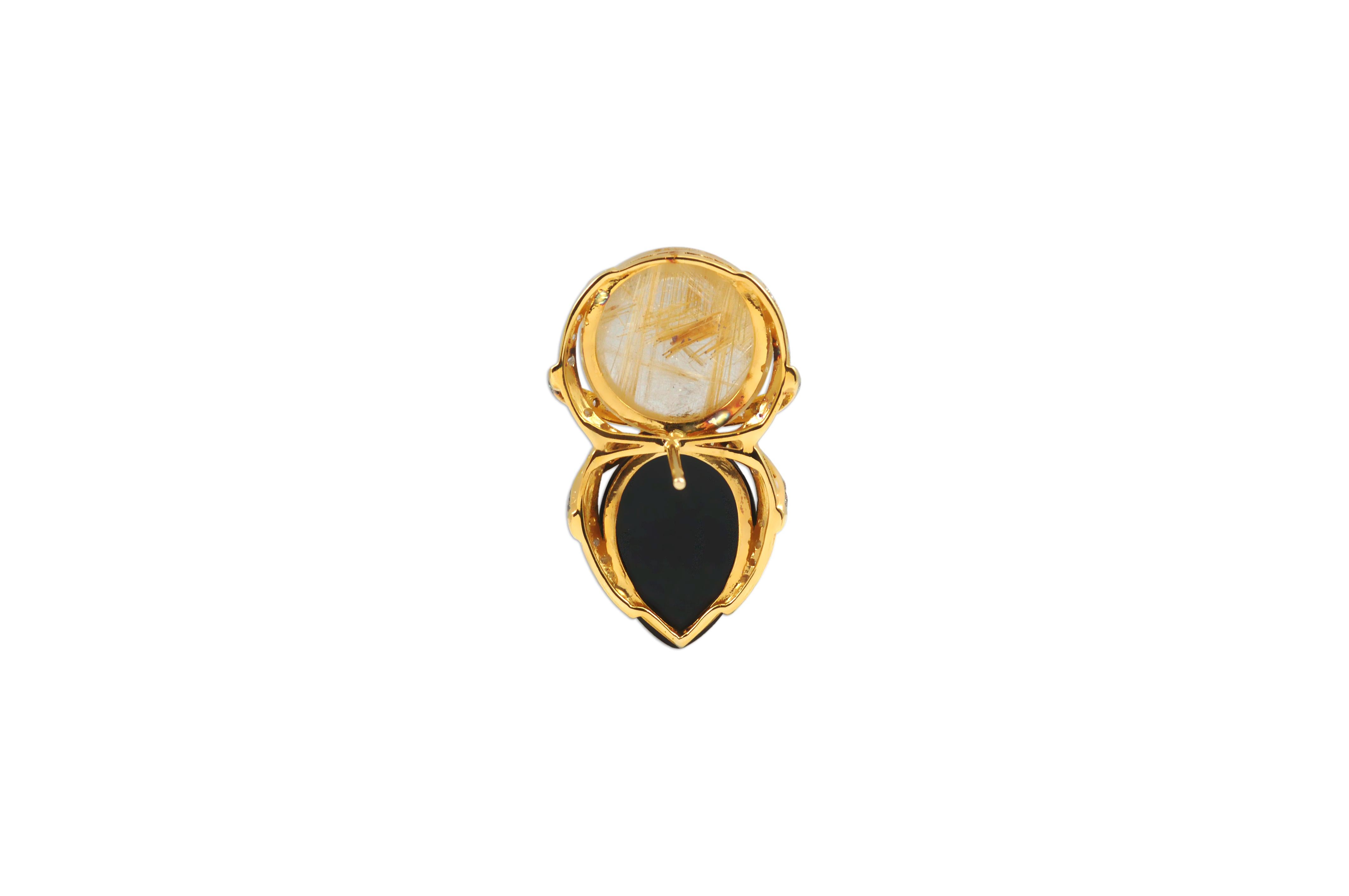 Cabochon Rutillated Quartz, Onyx, Brown Diamond, Diamond Earrings Set in 18 Karat Gold For Sale