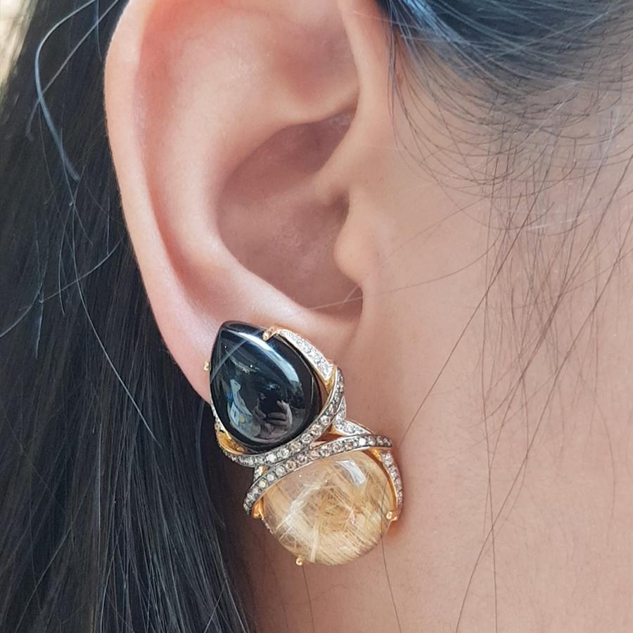 Men's Rutillated Quartz, Onyx, Brown Diamond, Diamond Earrings Set in 18 Karat Gold For Sale