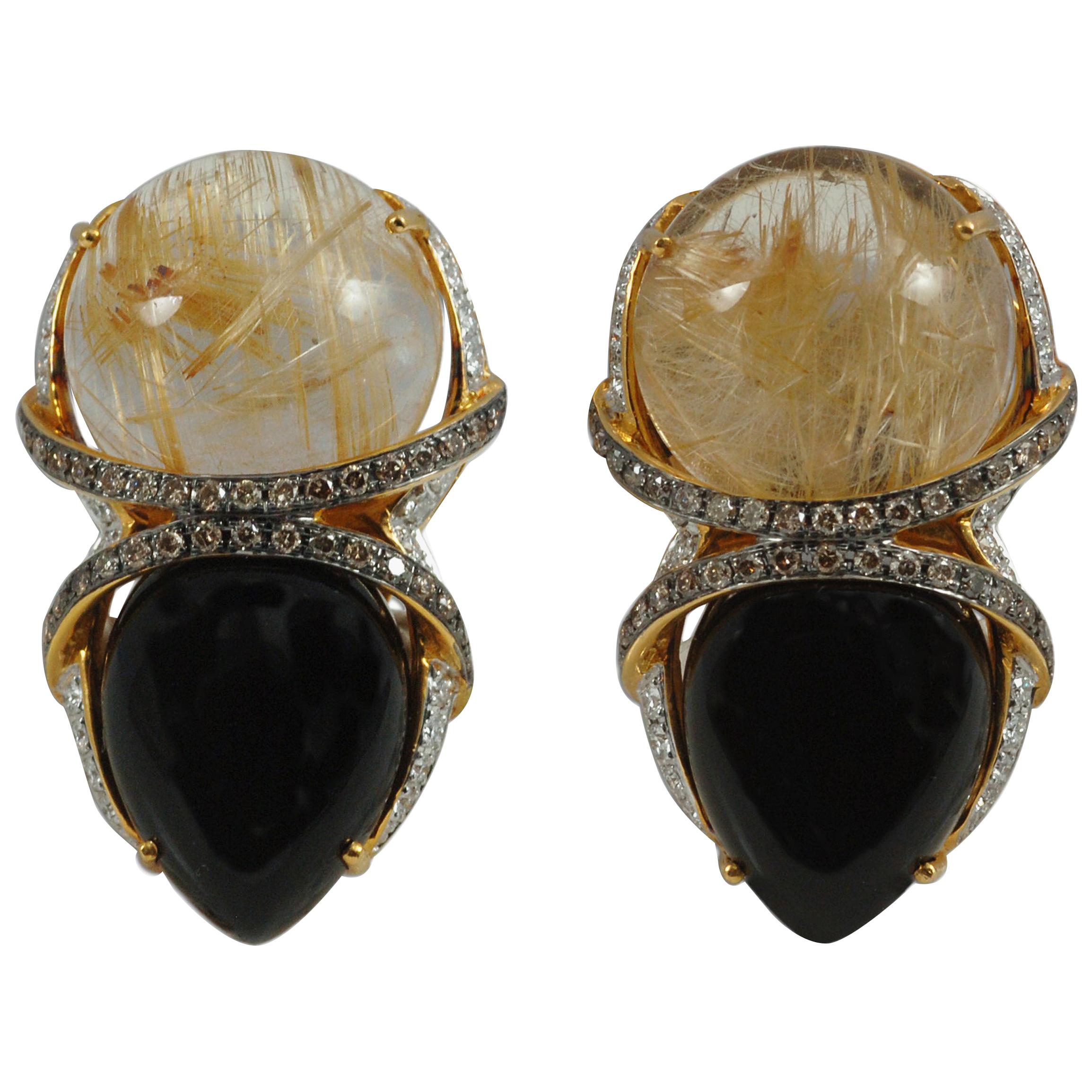 Rutillated Quartz, Onyx, Brown Diamond, Diamond Earrings Set in 18 Karat Gold For Sale