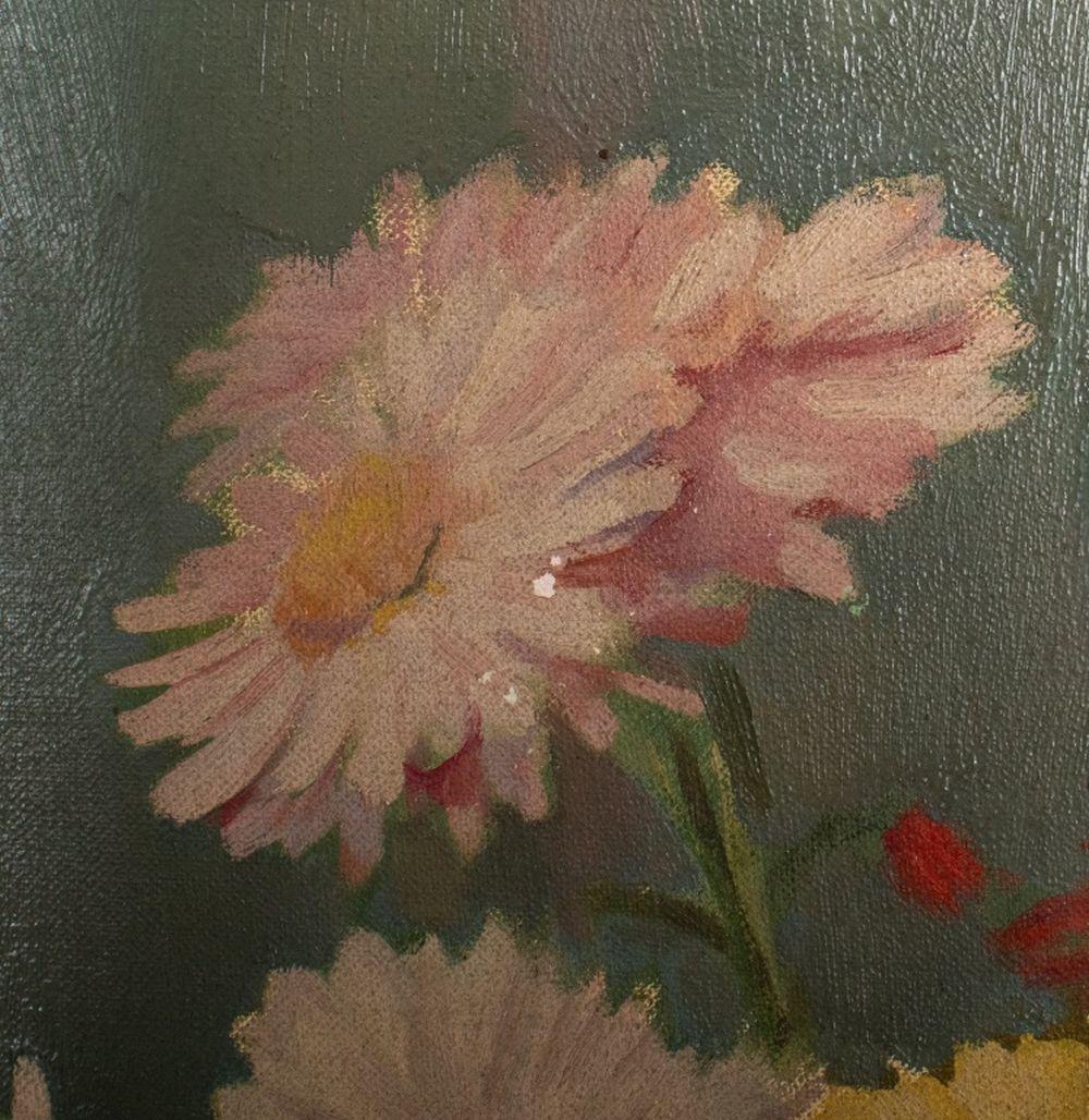 Rutledge Bate (American, 1891-1964) Bouquet Still Life, Oil on Canvas, bouquet of chrysanthemums in a blue glass vase, signed lower left, hardwood frame. Image: 21.5