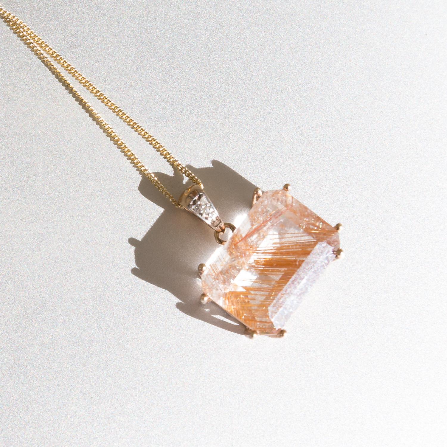Gold, Diamond and Rutilated Quartz Pendant Necklace For Sale 5