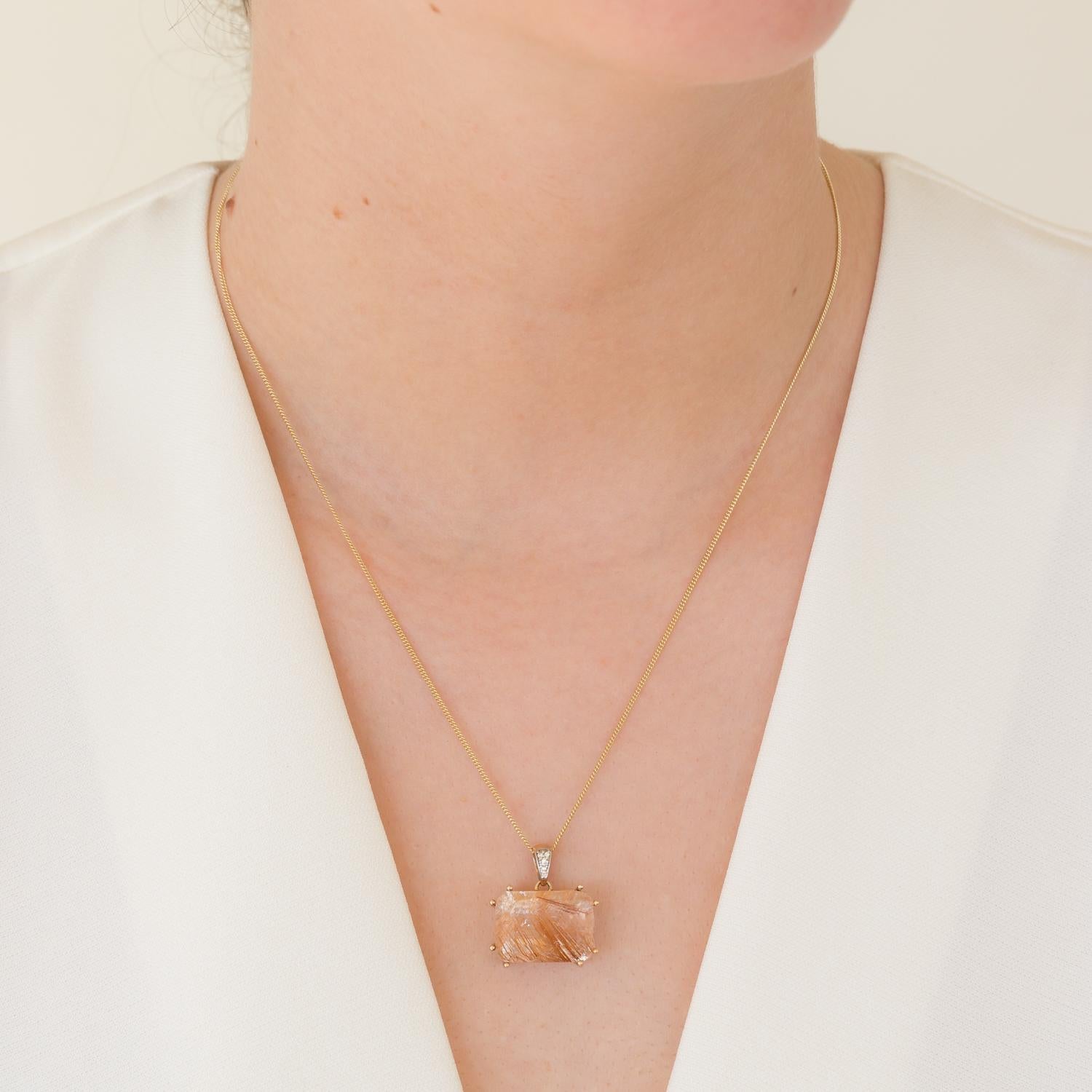 Contemporary Gold, Diamond and Rutilated Quartz Pendant Necklace For Sale