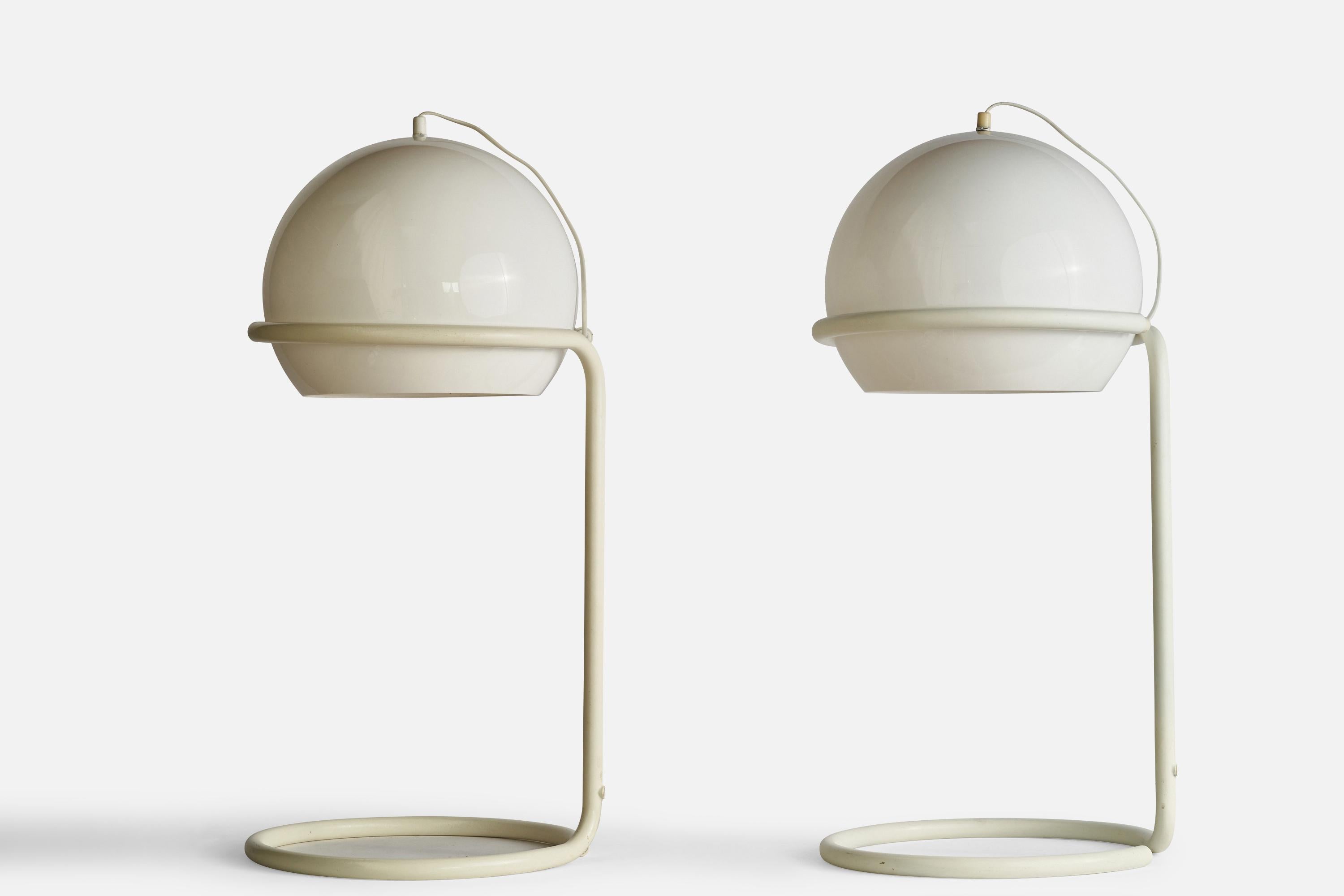 A pair of large white-lacquered metal and acrylic table lamps designed by Ruud Ekstrand for Bergboms, Sweden, 1970s.

Overall Dimensions (inches): 27.50 “ H x 12.75 “ diameter 
Bulb Specifications: E-26 Bulb
Number of Sockets: 2
All lighting will be