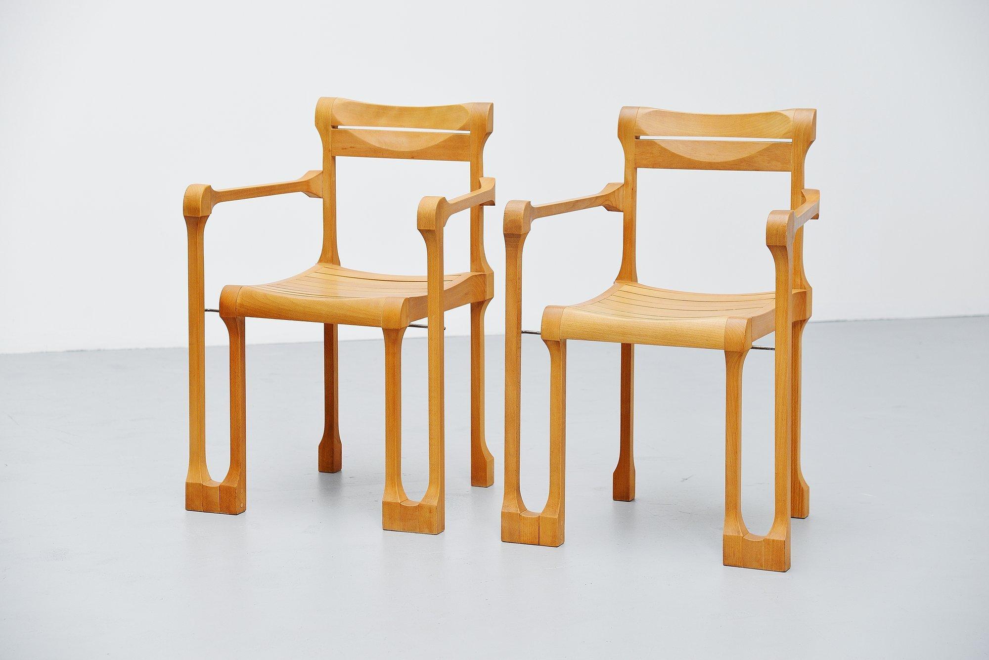 Very nice pair of armchairs designed and manufactured by Ruud Jan Kokke, Holland 1990. These chairs are from the ‘pootjes’ series and were hand crafted in Ruud Jan Kokke’s atelier and only made upon request. The chairs and stools from these series