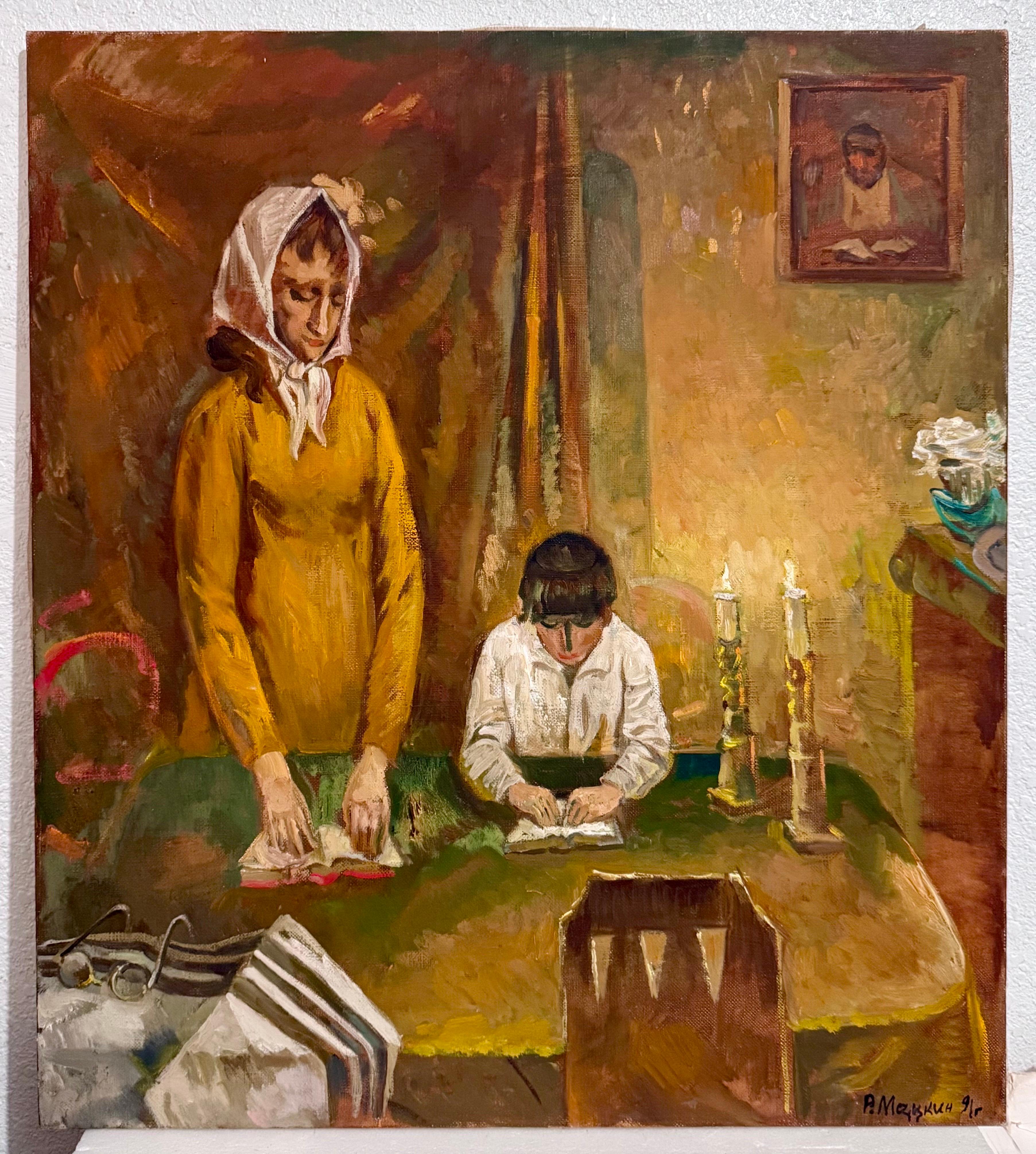 Peinture à l'huile juive post-soviétique ukrainienne russe Bougies de shabbat Prières judaïques - Moderne Painting par Ruvim Matskin Izrailevich
