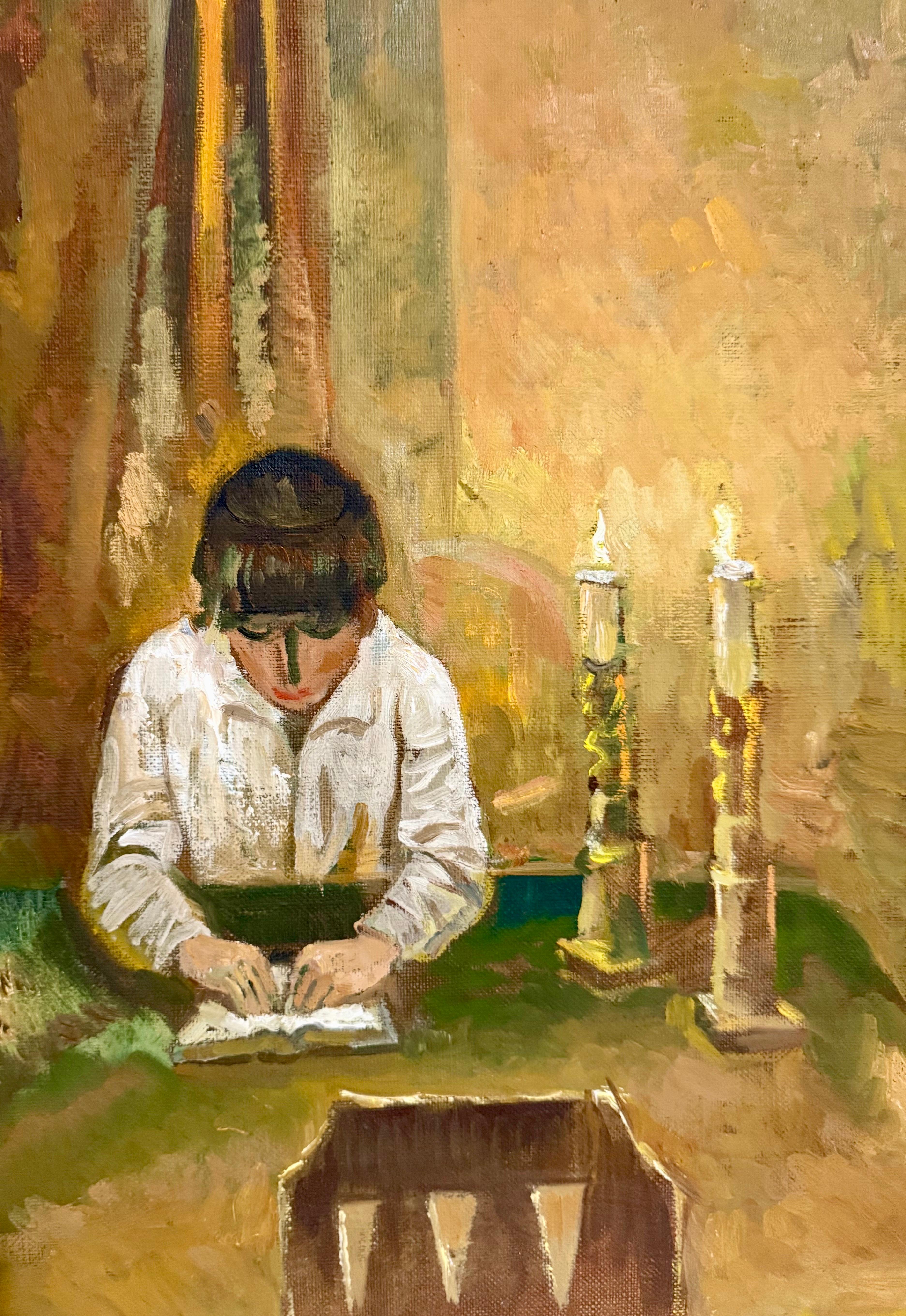 Peinture à l'huile juive post-soviétique ukrainienne russe Bougies de shabbat Prières judaïques - Marron Landscape Painting par Ruvim Matskin Izrailevich