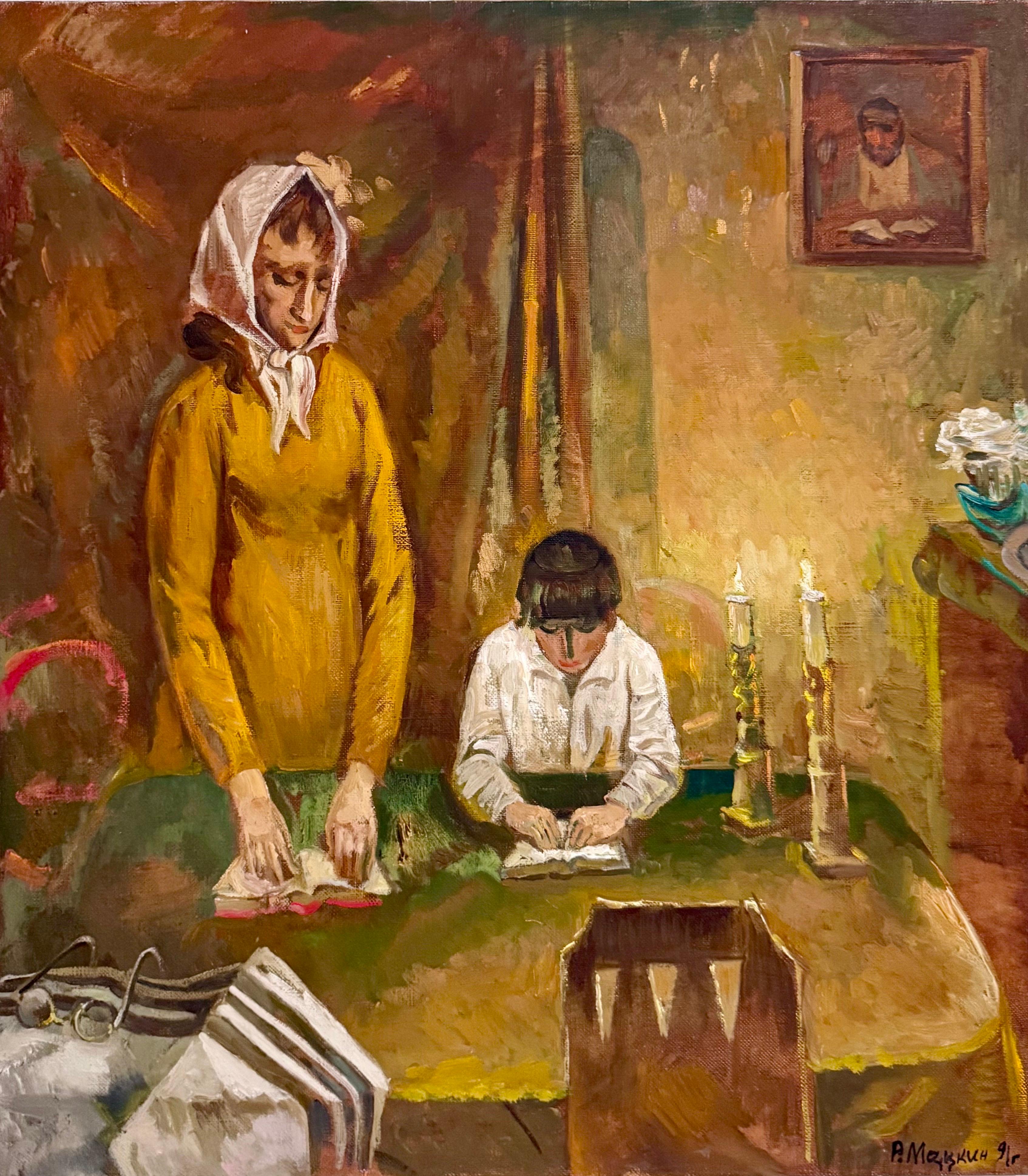 Peinture à l'huile juive post-soviétique ukrainienne russe Bougies de shabbat Prières judaïques en vente 3
