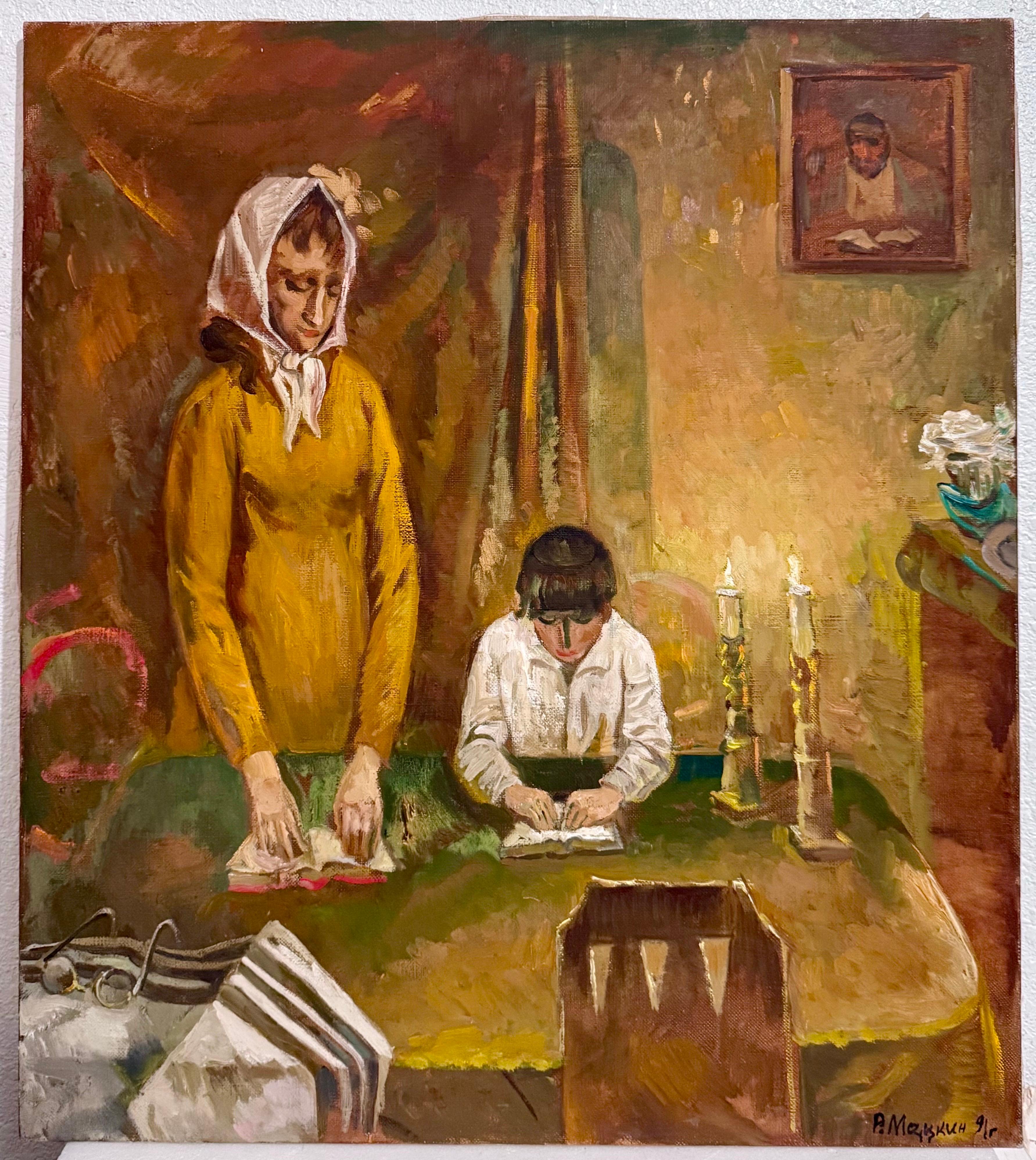 Peinture à l'huile juive post-soviétique ukrainienne russe Bougies de shabbat Prières judaïques en vente 4