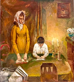 Post Soviet Ukrainian Russian Jewish Oil Painting Shabbat Candles Judaic Prayers