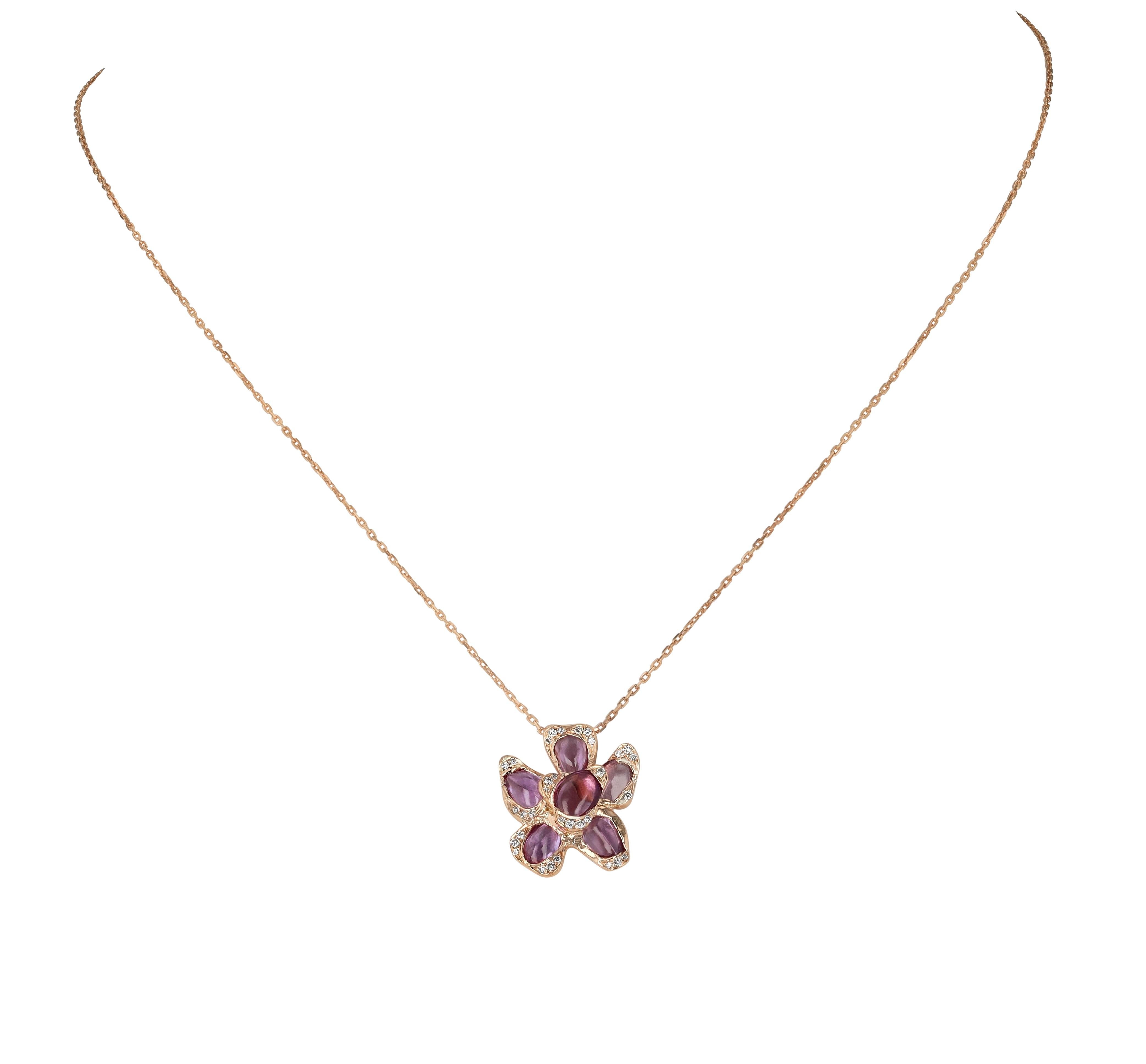 Art Deco Ruwaya 18K Rose Gold Flower Pink sapphire Pendant For Sale