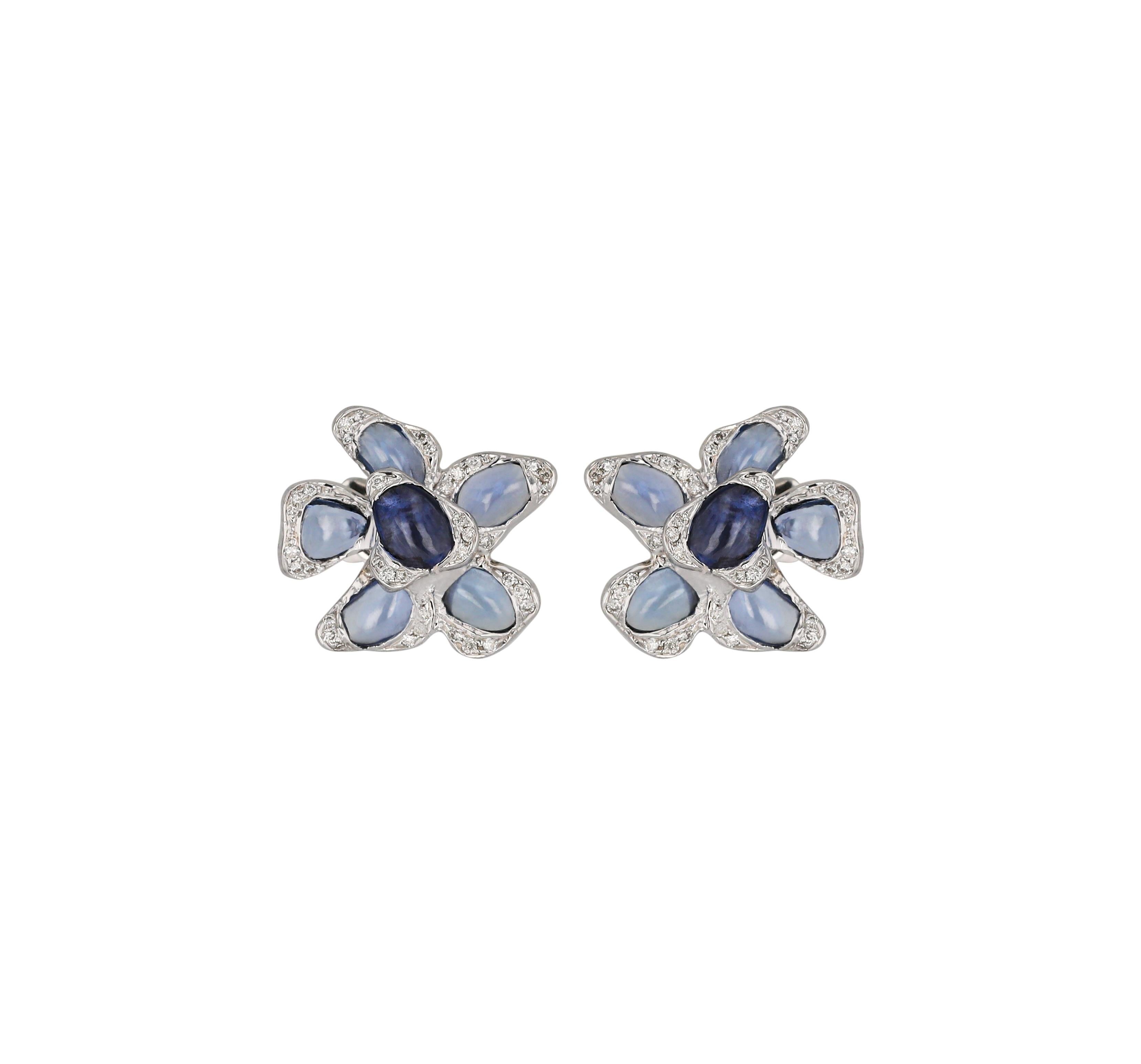 Tumbled Ruwaya 18K white  Gold Flower Blue sapphire earrings For Sale