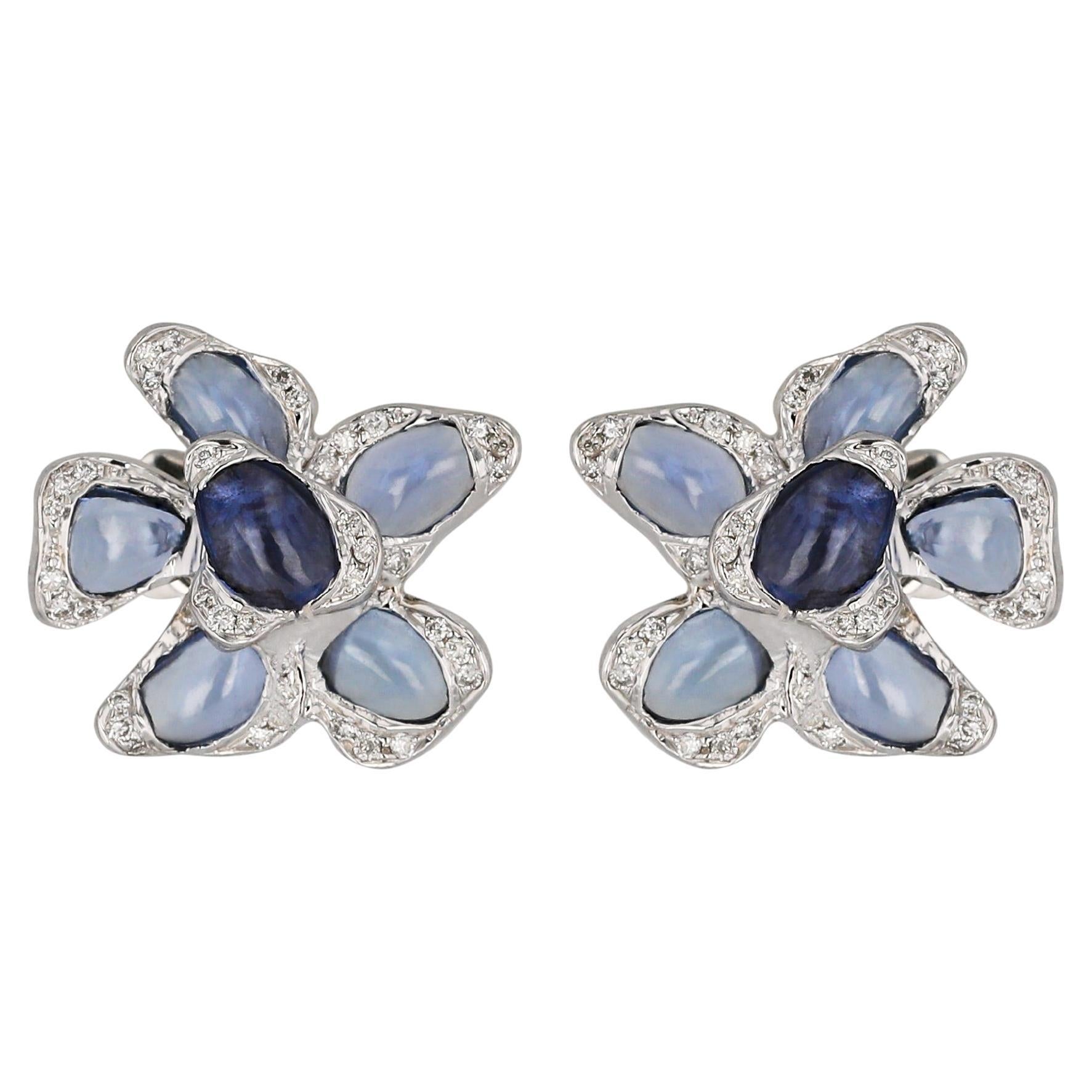 Ruwaya 18K white  Gold Flower Blue sapphire earrings For Sale
