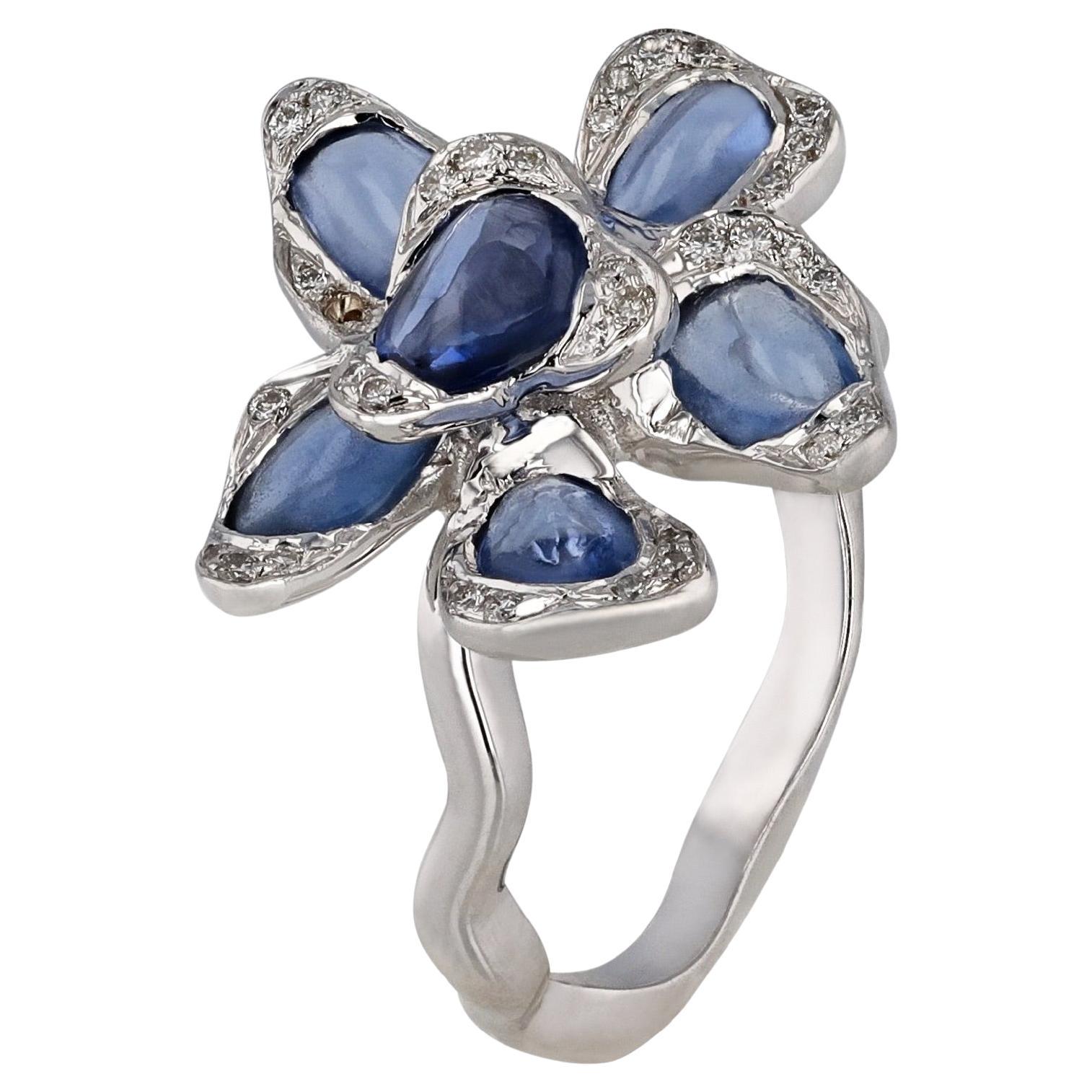 Ruwaya 18K white  Gold Flower Blue sapphire Ring