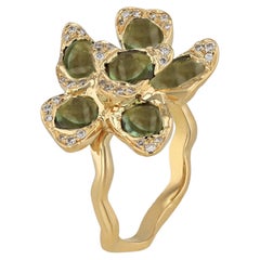 Ruwaya 18K Amarillo  Flor de oro verde  anillo de zafiro