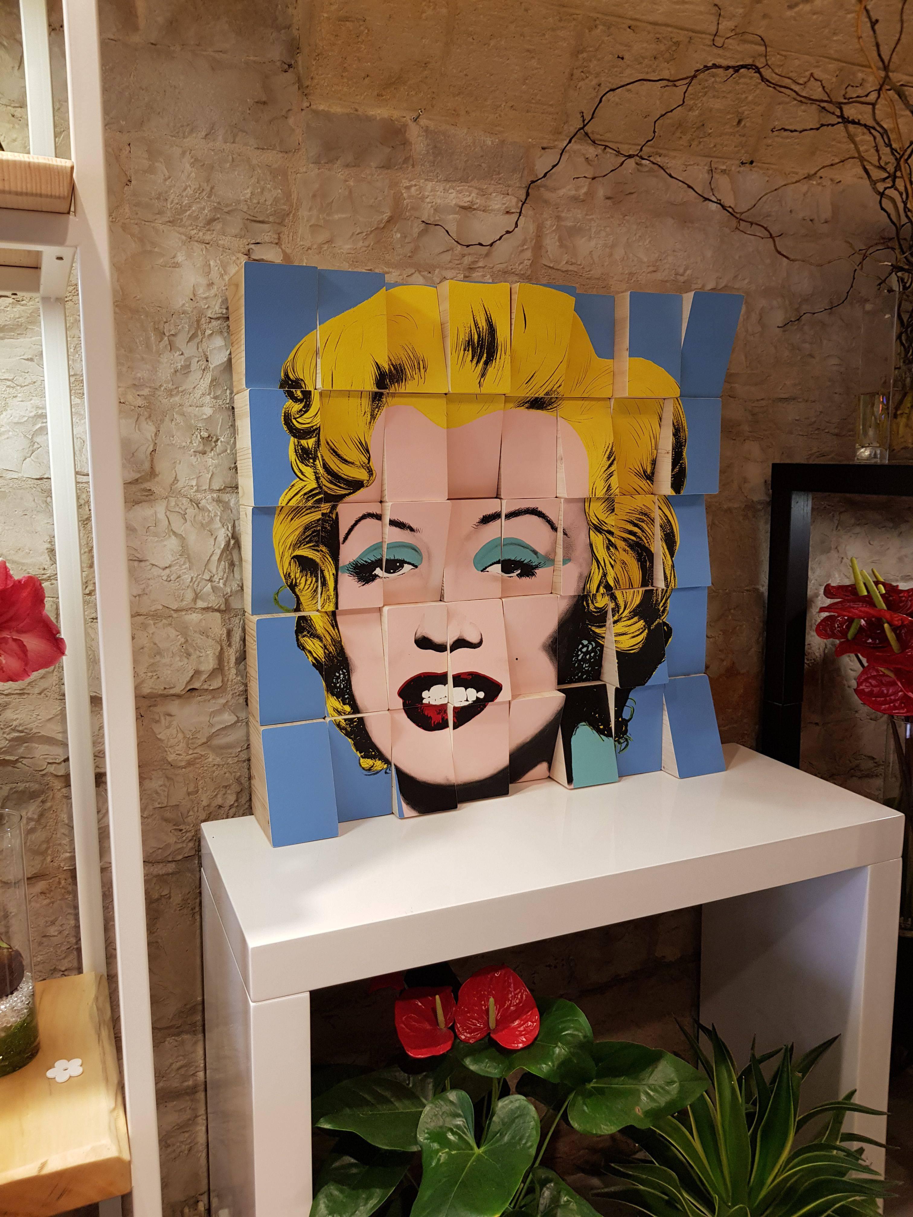 Be Happy, Marilyn, Conceptual, Wooden Blocks, Original, Cotton Paper, Signed  - Sculpture by Rux Art