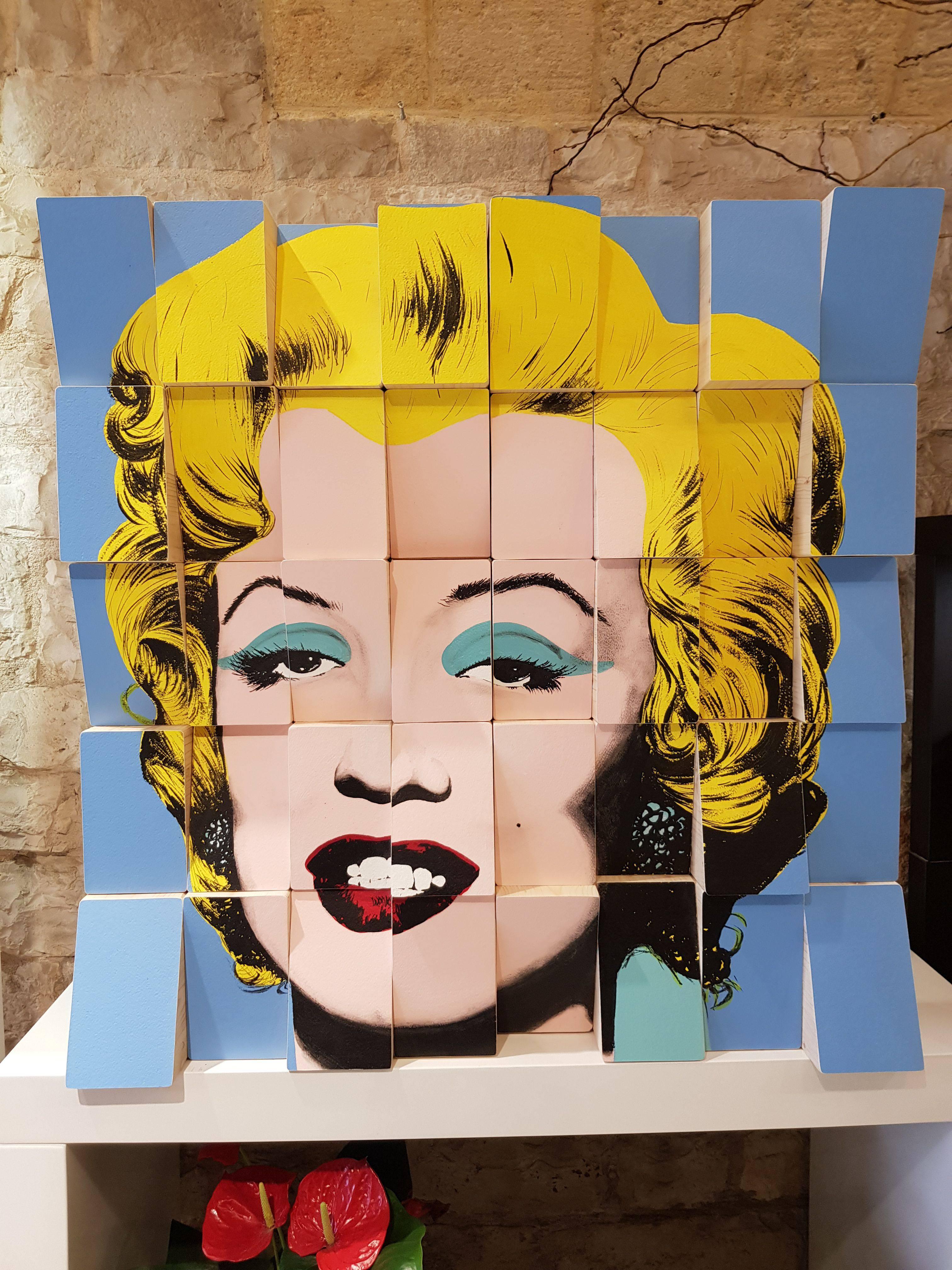Rux Art Abstract Sculpture - Be Happy, Marilyn, Conceptual, Wooden Blocks, Original, Cotton Paper, Signed 