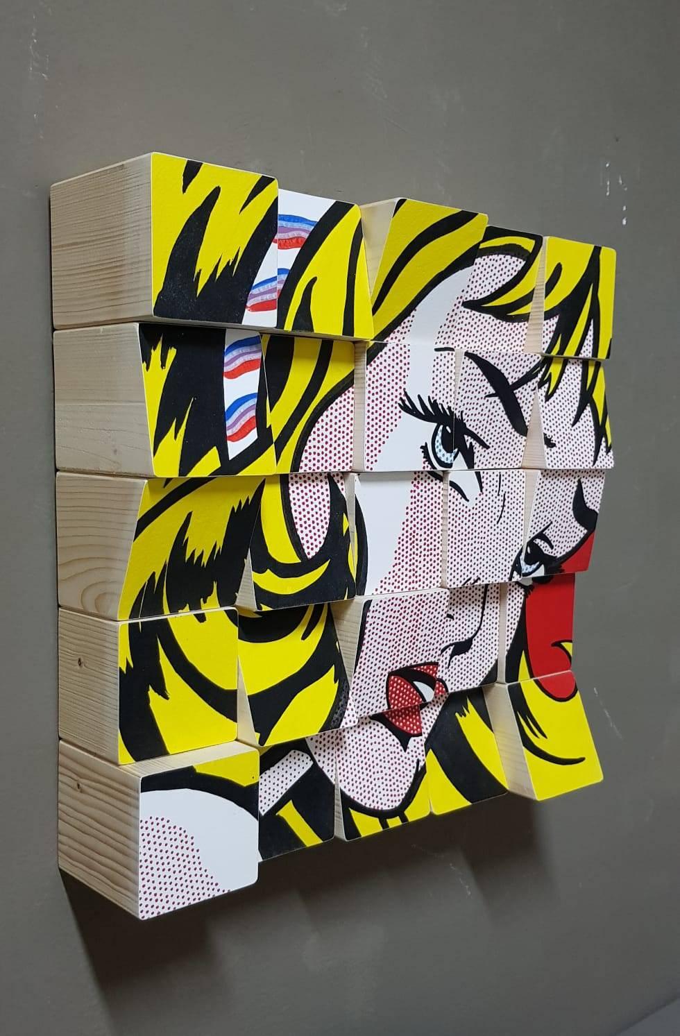 My Girl tribute to Roy Lichtenstein Acrylic Paint on Cotton Paper, Wooden Blocks - Conceptual Sculpture by Rux Art