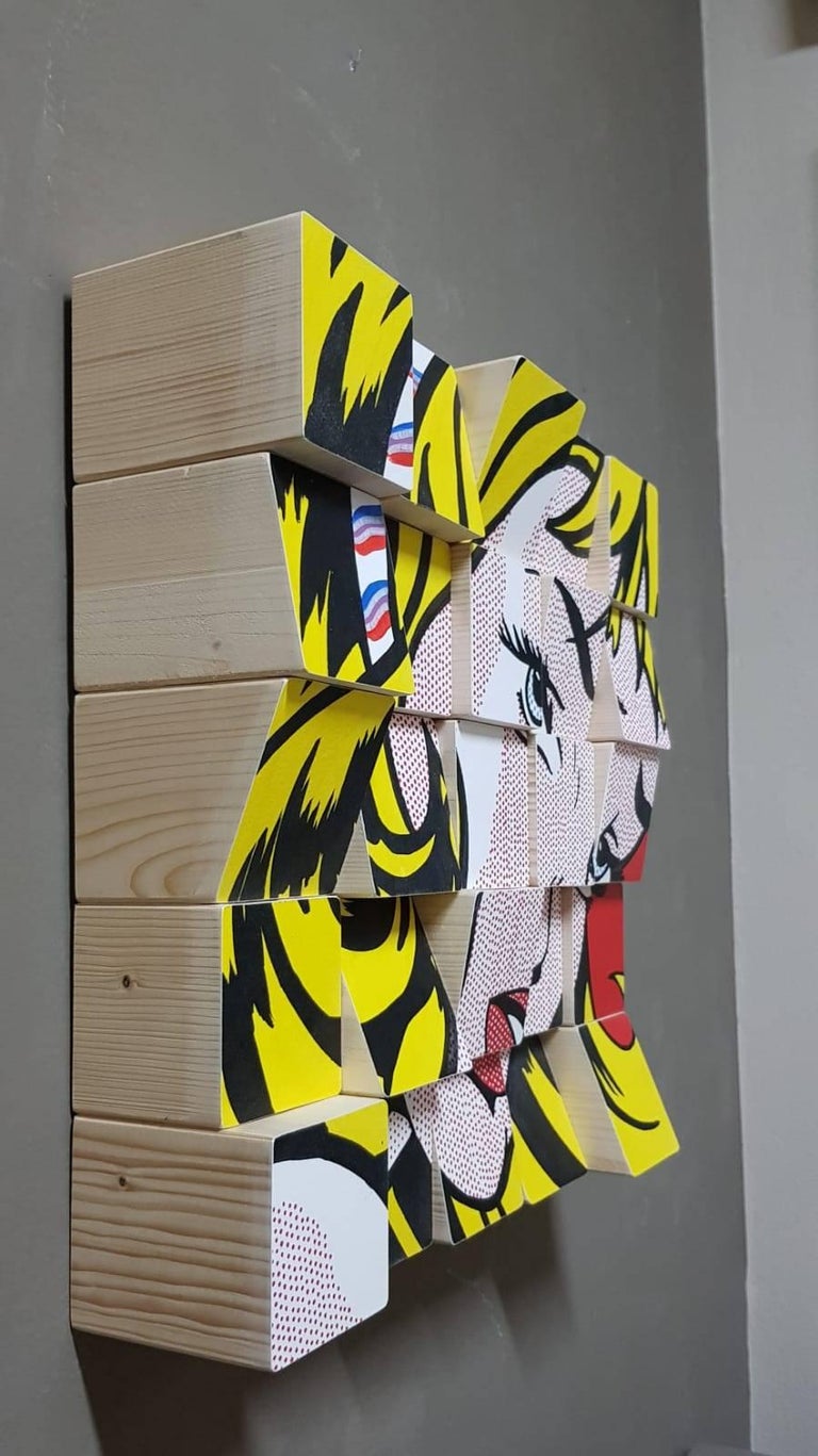 My Girl tribute to Roy Lichtenstein Acrylic Paint on Cotton Paper, Wooden Blocks For Sale 4