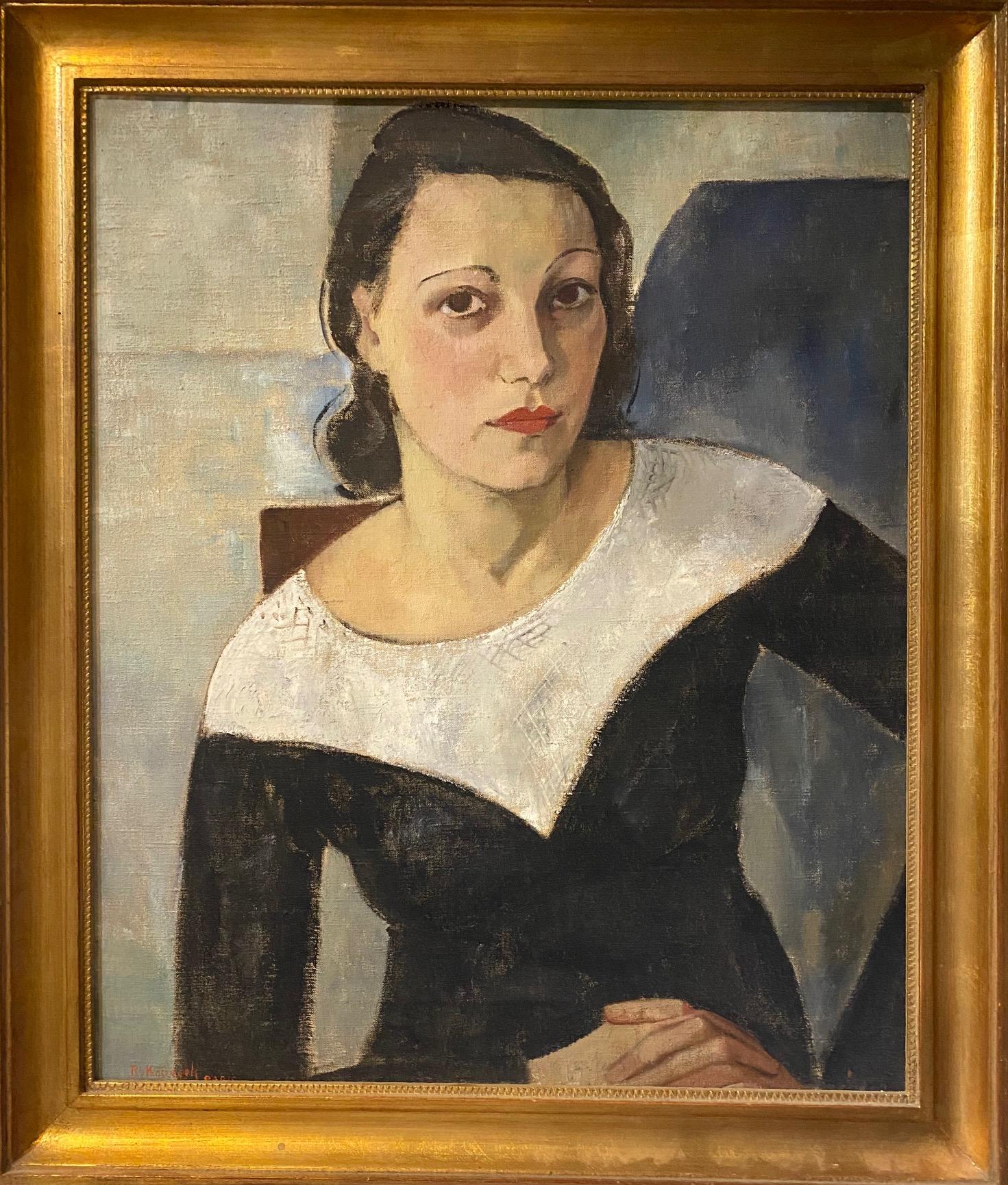 RV. KOPECEK Portrait Painting - Woman portrait by RV. Kopecek - Oil on canvas 53x63 cm