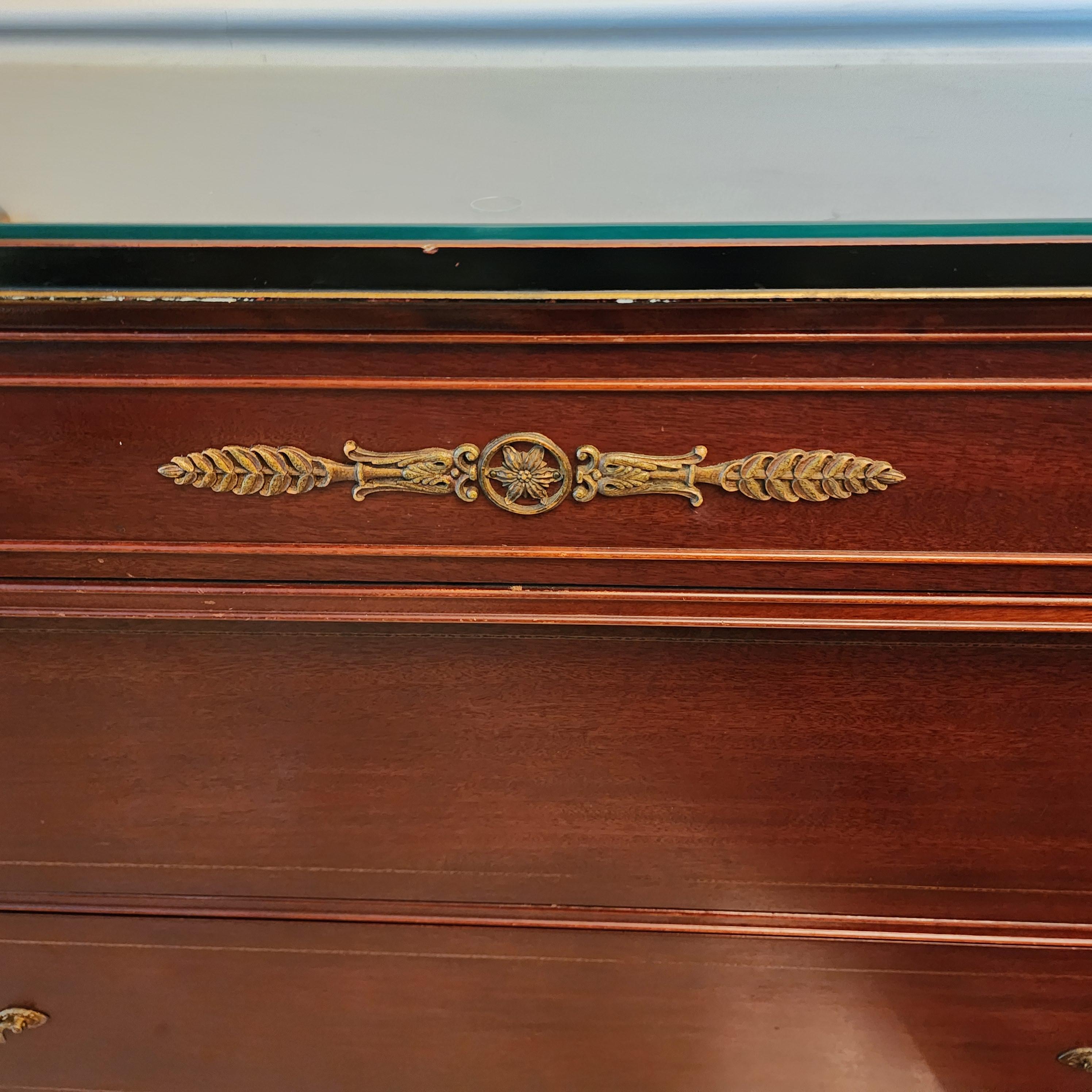 Brass RWAY French Empire Dresser Buffet with Glass Top For Sale