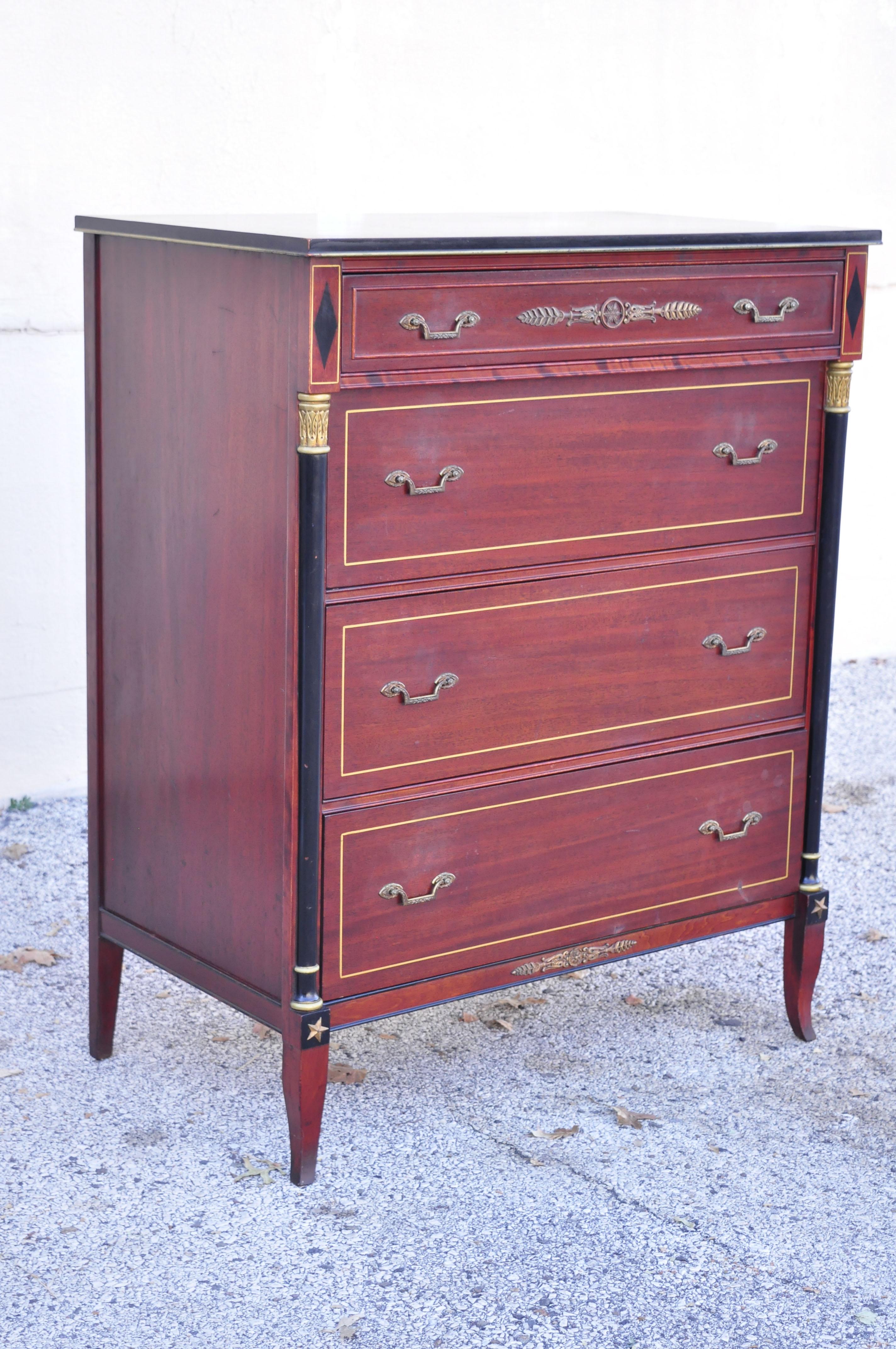 Antique Rway French Empire neoclassical style mahogany 4 drawer tall chest dresser highboy. Item features beautiful wood grain, original label, 4 dovetailed shapely saber legs, solid brass hardware, very nice antique item, quality American