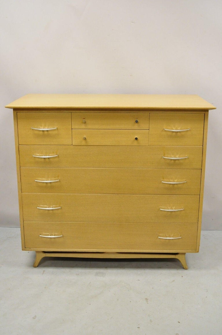 Rway Mid Century Modern Bleached Mahogany Sculpted Tall Chest Highboy Chest Of Drawers For Sale