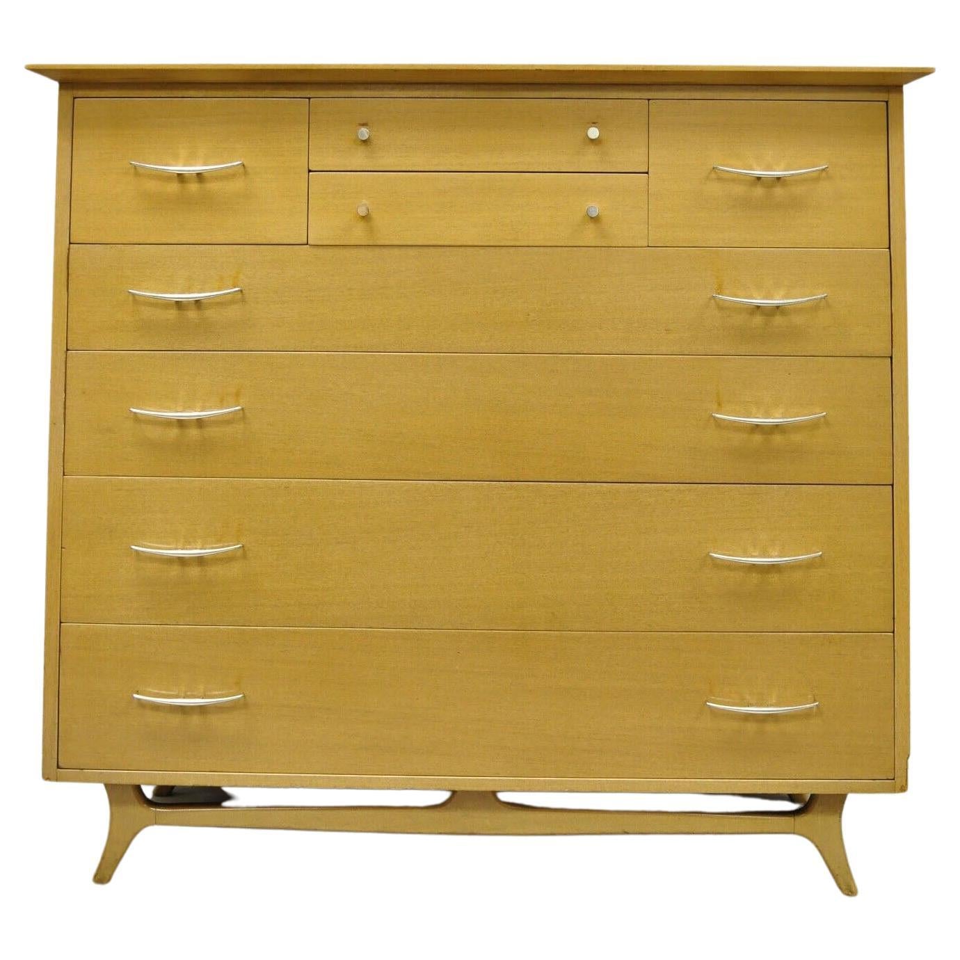 Rway Mid-Century Modern Bleached Mahogany Sculpted Tall Chest Highboy Dresser For Sale