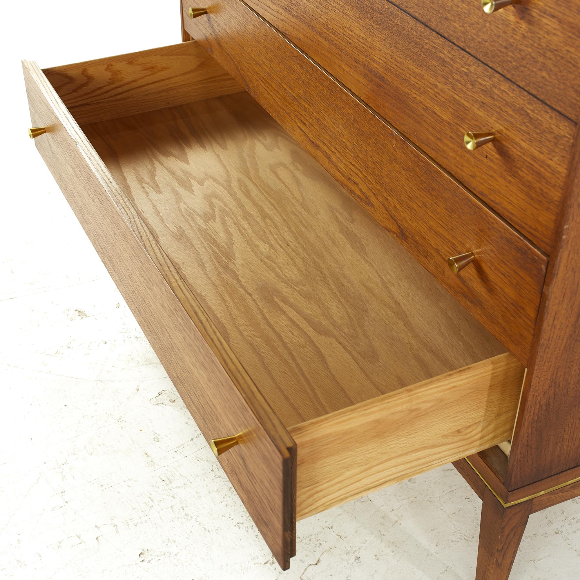 Rway Midcentury Walnut and Brass 5 Drawer Highboy Dresser In Good Condition In Countryside, IL