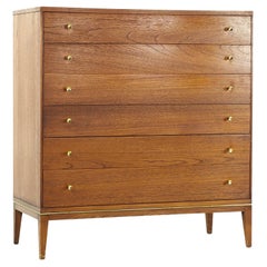 Rway Mid Century Walnut and Brass Highboy Dresser 5 tiroirs