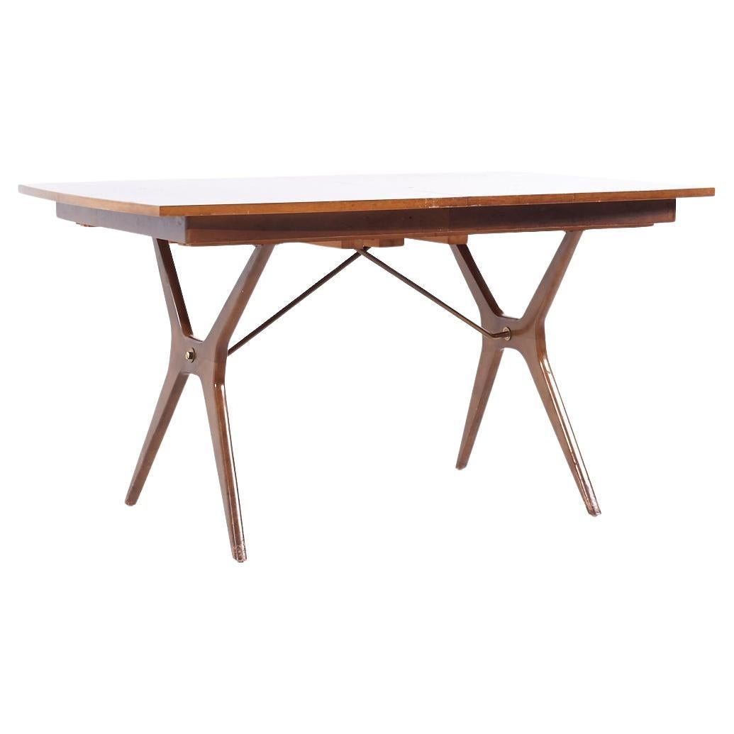 Rway Mid Century Walnut and Brass Expanding Dining Table with 2 Leaves For Sale