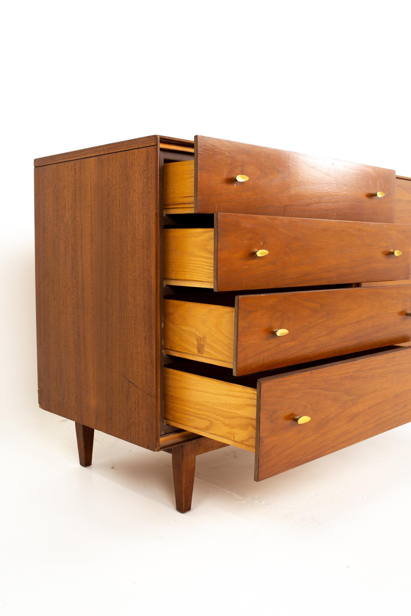 Mid-Century Modern RWAY Mid Century Walnut and Brass 8-Drawer Lowboy Dresser