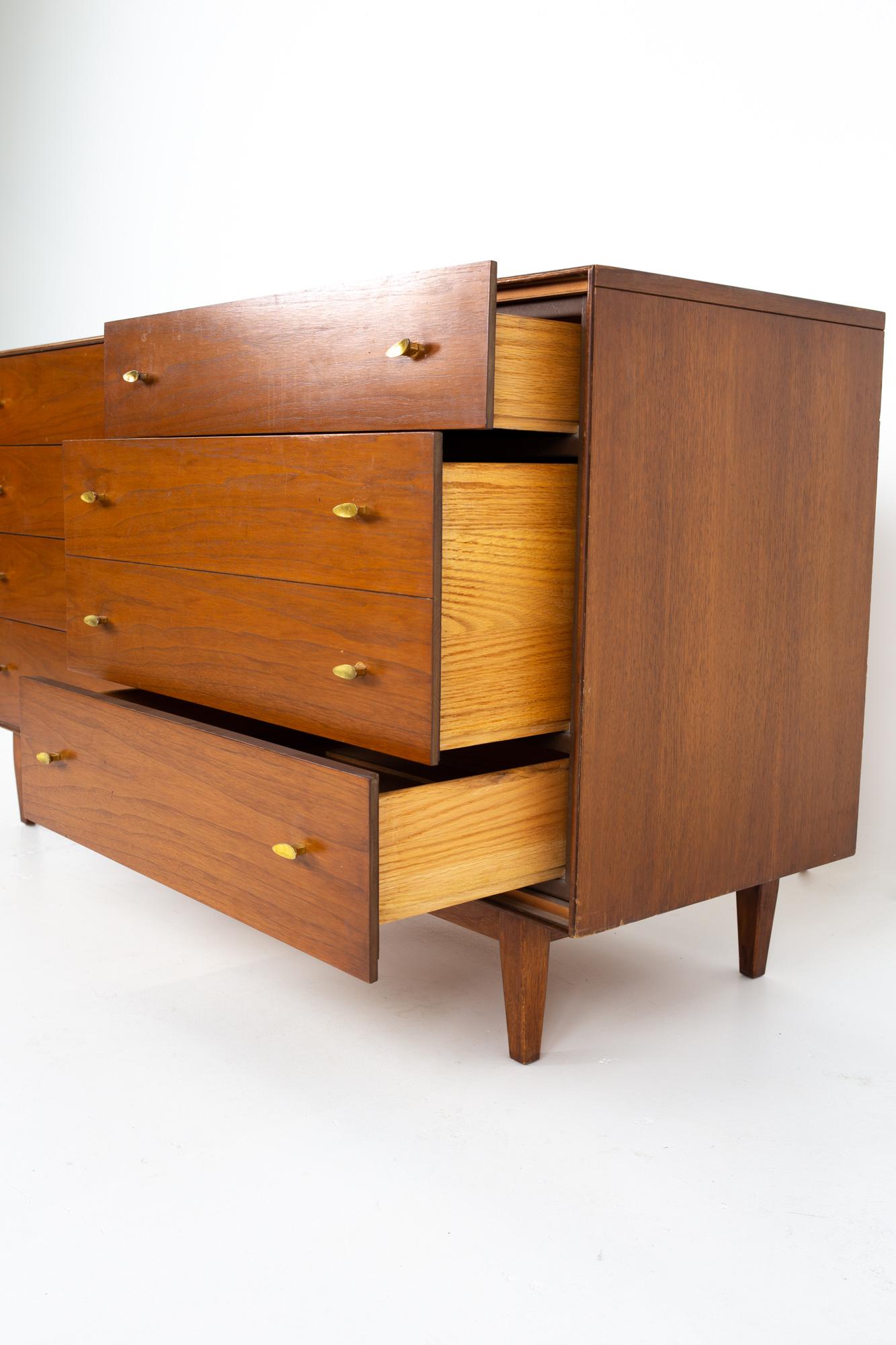 American RWAY Mid Century Walnut and Brass 8-Drawer Lowboy Dresser