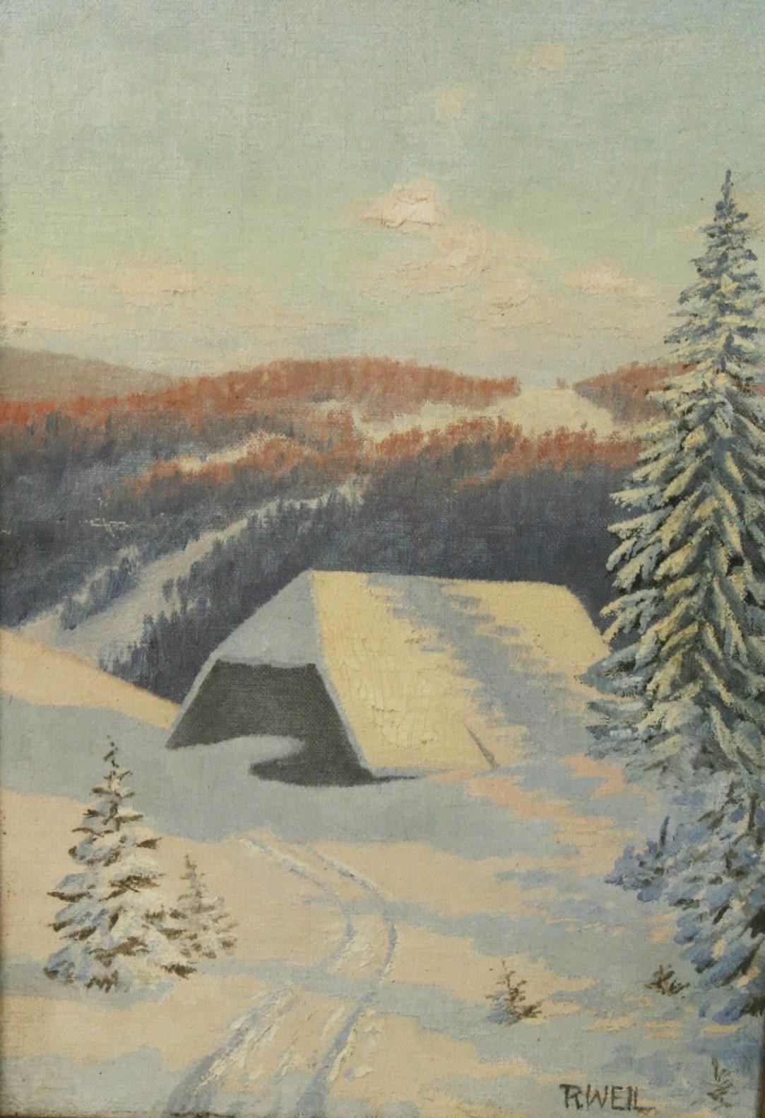 R.Weil Landscape Painting - Swedish School "Quiet Winter" Snow Scene Landscape 1960