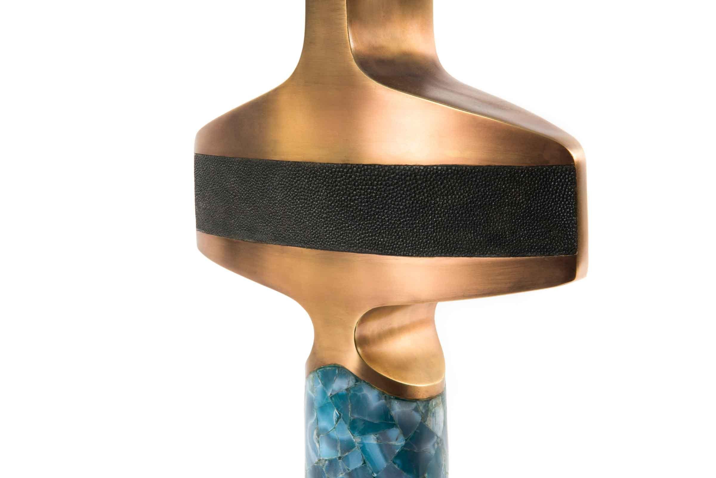 French Carmen Table Lamp in Shagreen/Shell/Agate & Bronze-Patina Brass by R&Y Augousti  For Sale