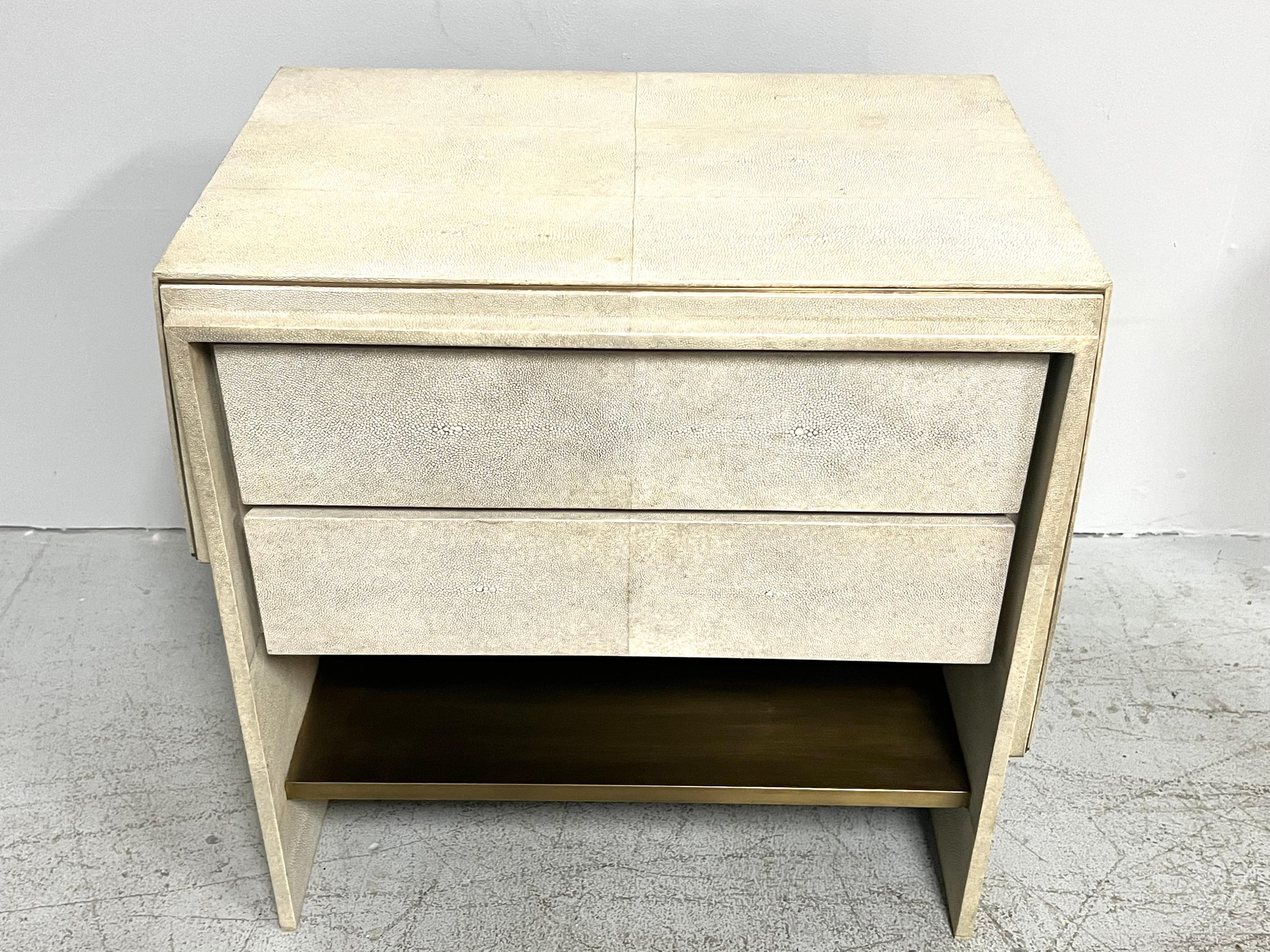 R&Y Augousti Cream Shagreen and Bronce Bedside Table For Sale 1