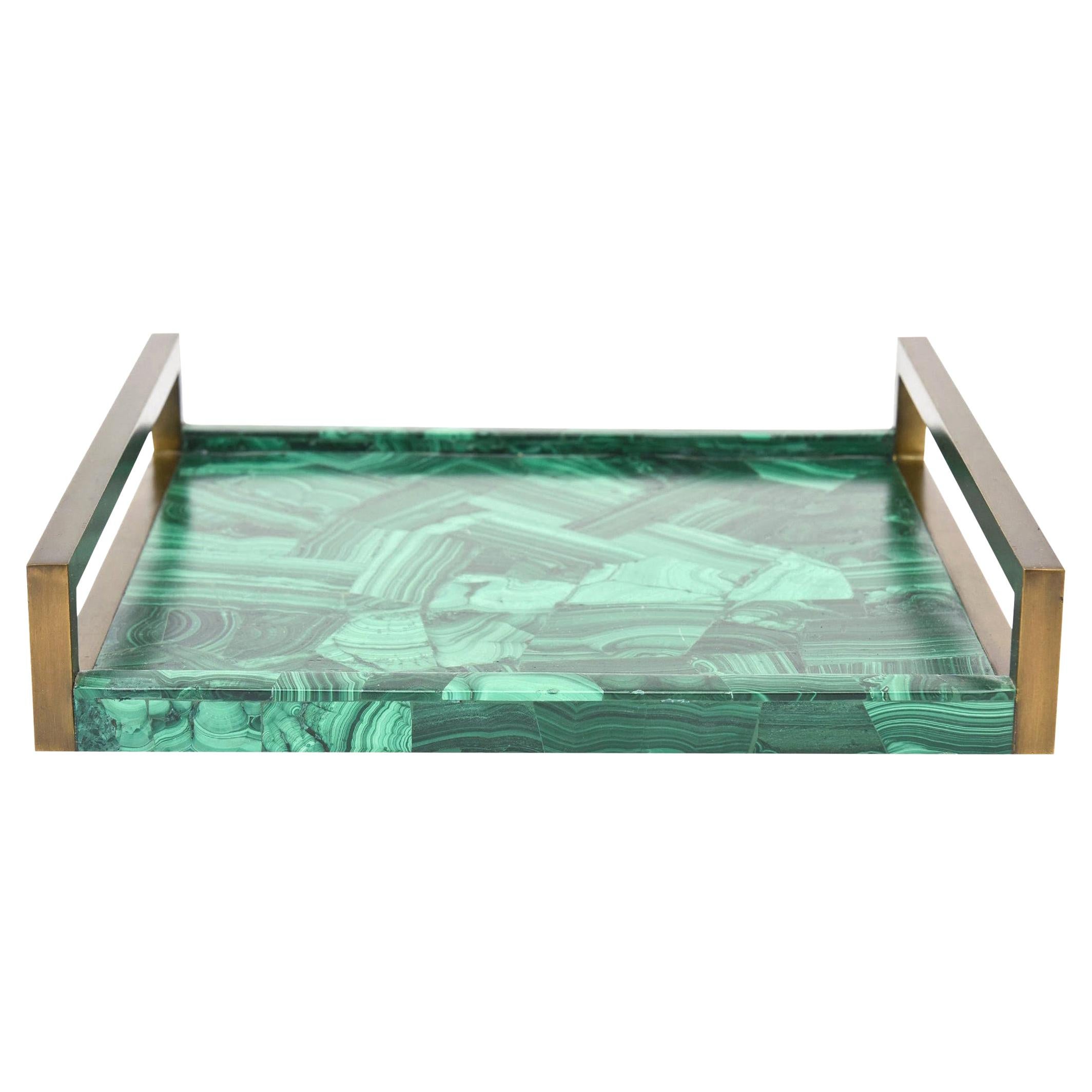 R&Y Augousti Faux Malachite Tessellated Composite and Brass Tray
