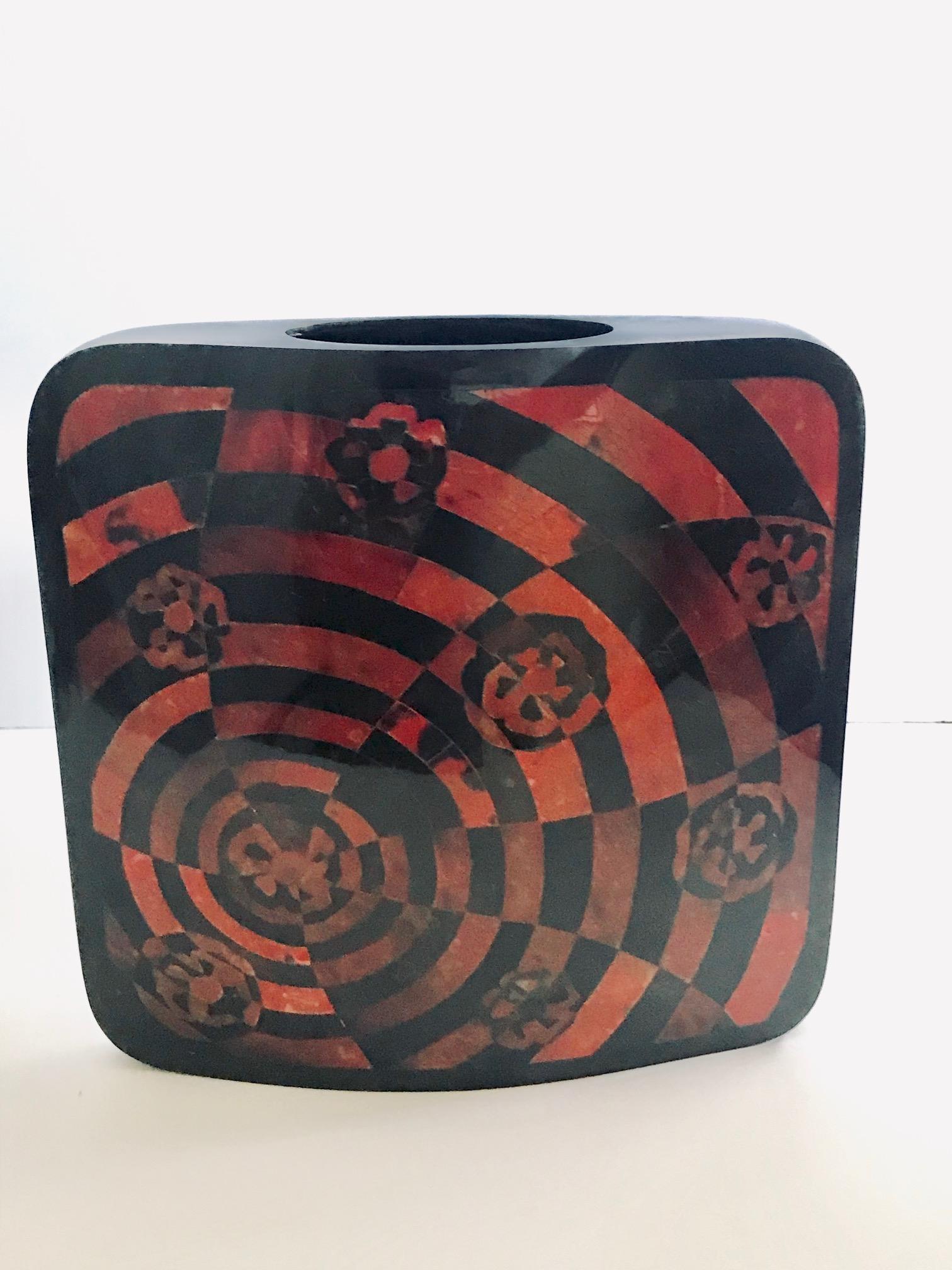 Organic Modern vase with square form and rounded edges. All handmade of exotic materials. Vase features mosaic inlays with geometric patterns on both sides. Lacquered and hand-dyed in vibrant hues of red and black. Signed R&Y Augousti on underside.