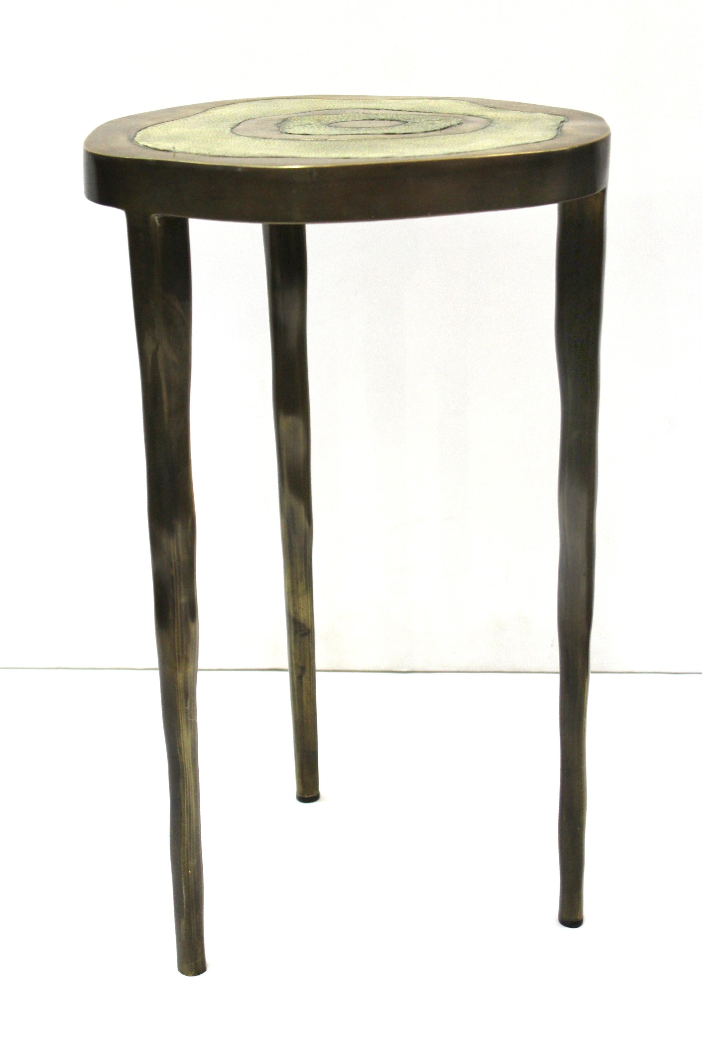 Art Deco R&Y Augousti Modern Bronze-Patina Brass Side Table With Shagreen Top