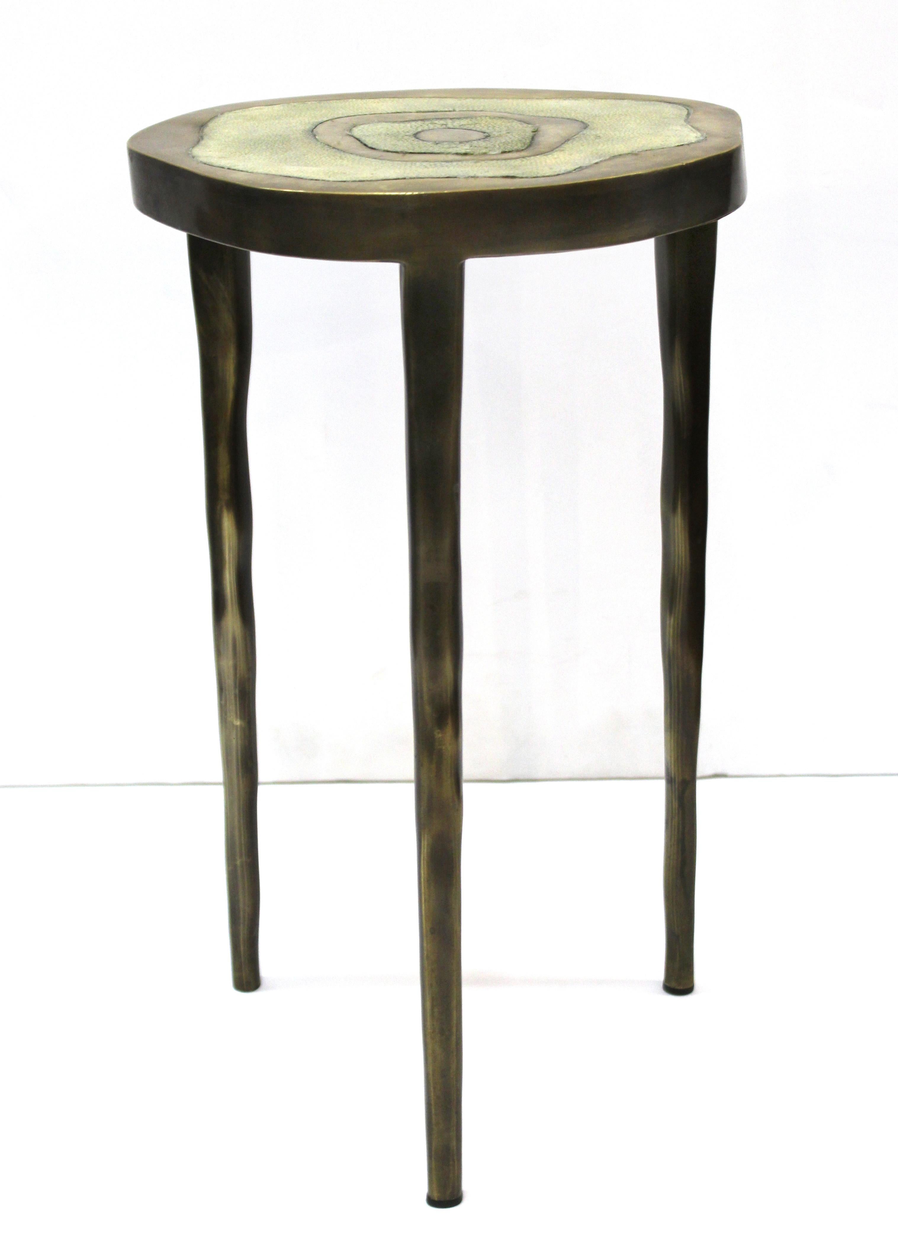 French R&Y Augousti Modern Bronze-Patina Brass Side Table With Shagreen Top