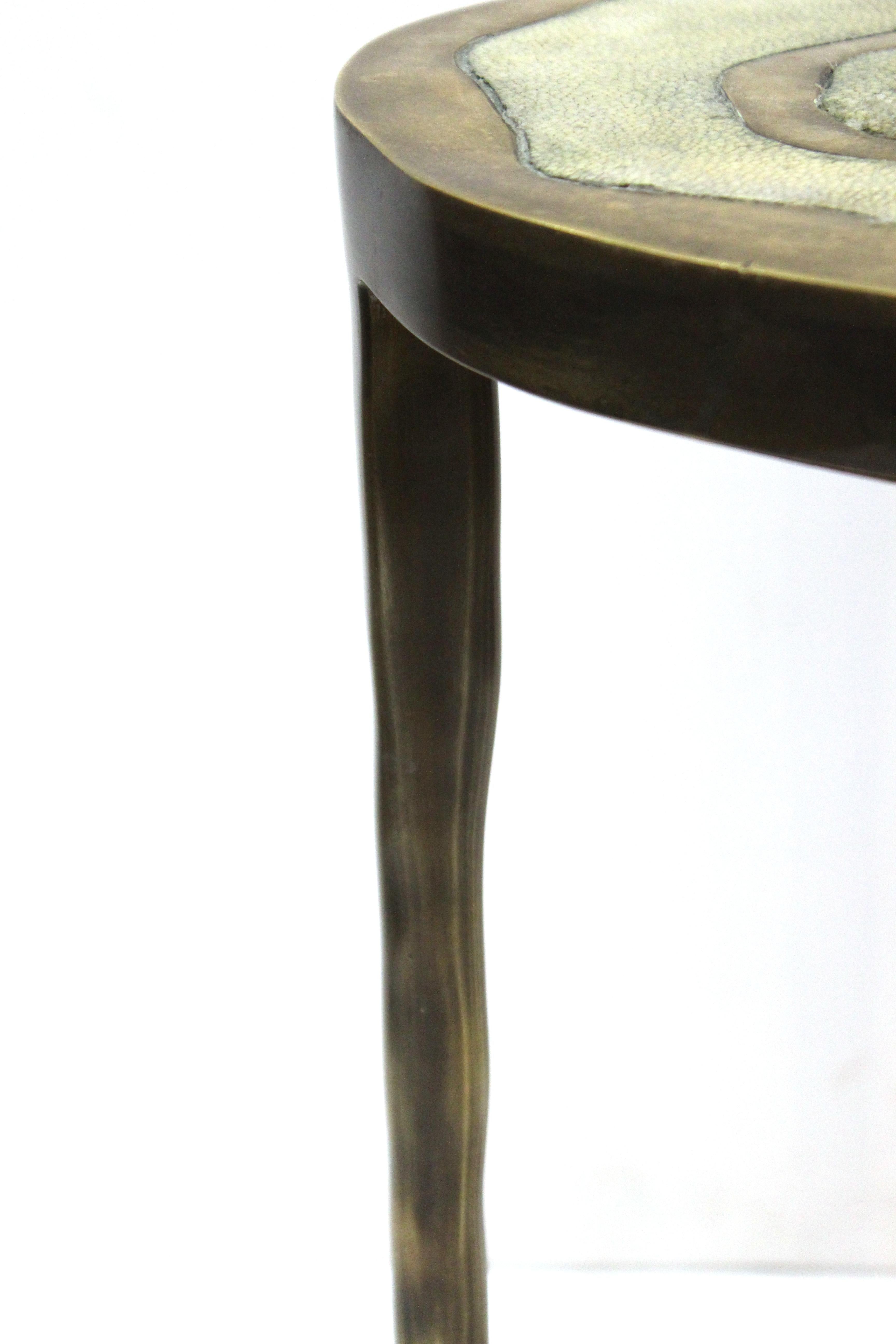 Contemporary R&Y Augousti Modern Bronze-Patina Brass Side Table With Shagreen Top