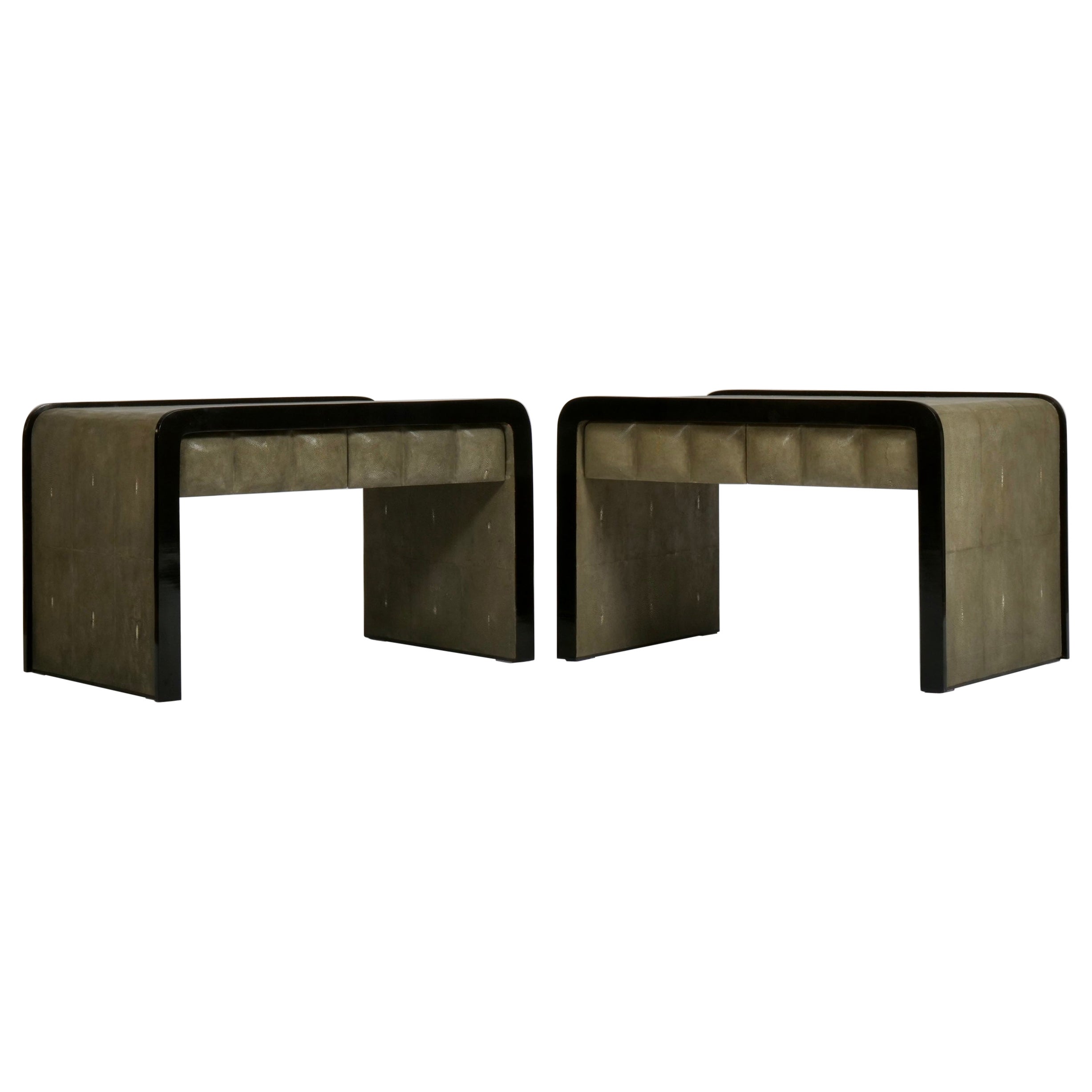 R&Y Augousti pair side cabinets or nightstands in green shagreen For Sale