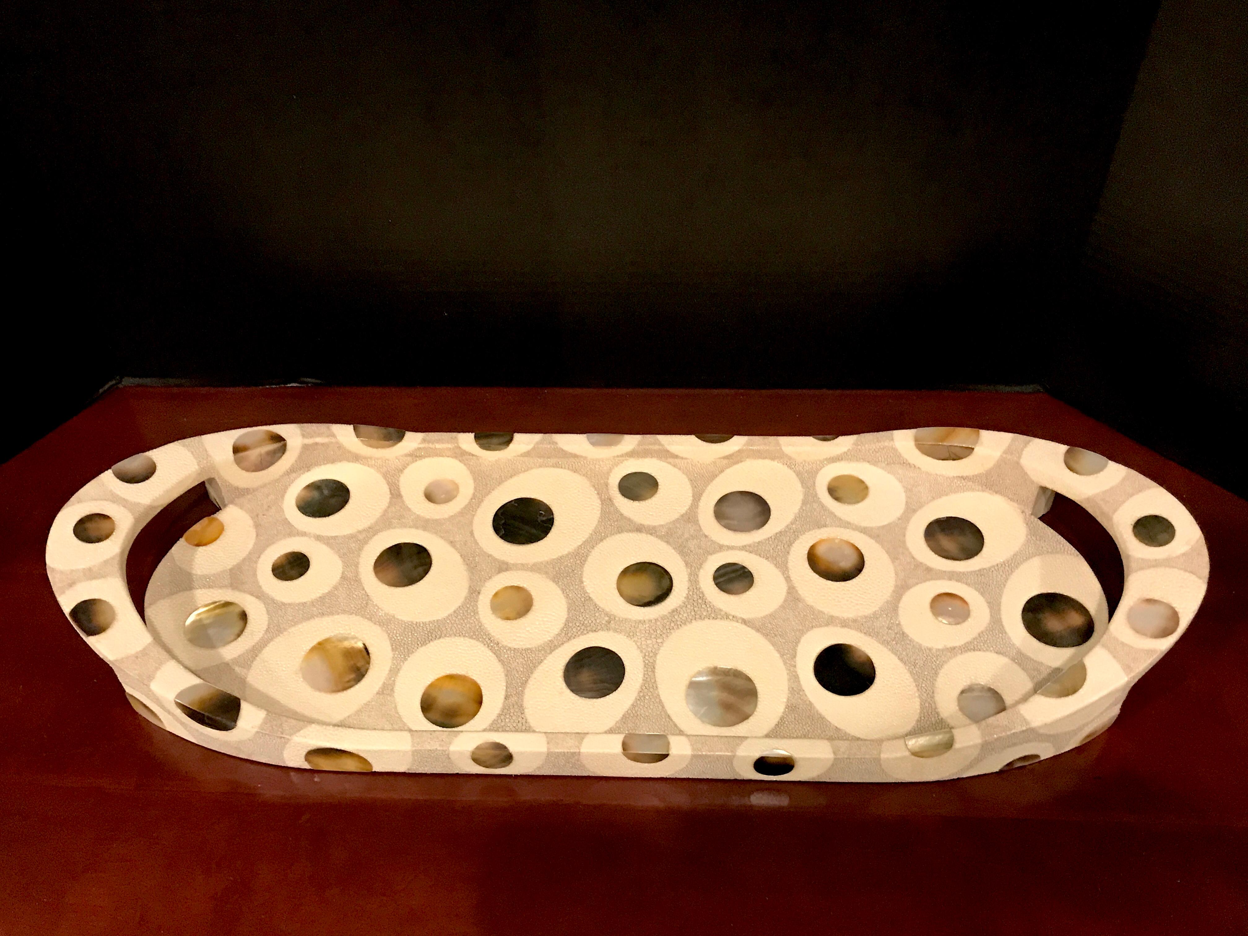 R&Y Augousti Shagreen and mother of pearl oval tray, exquisite continuous bookmatched exotic inlays, with an interior measurement of 21