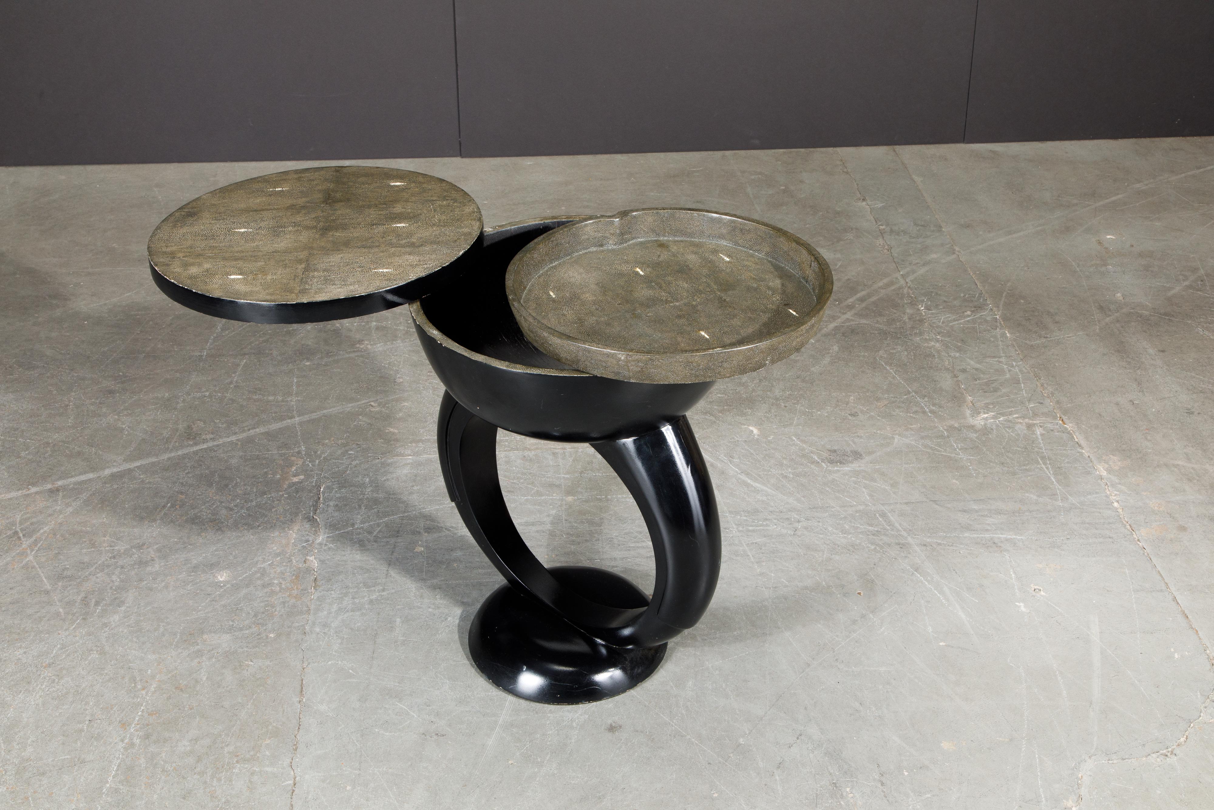 R&Y Augousti Shagreen Ring Side Table with Hidden Compartment and Tray, Signed In Good Condition In Los Angeles, CA