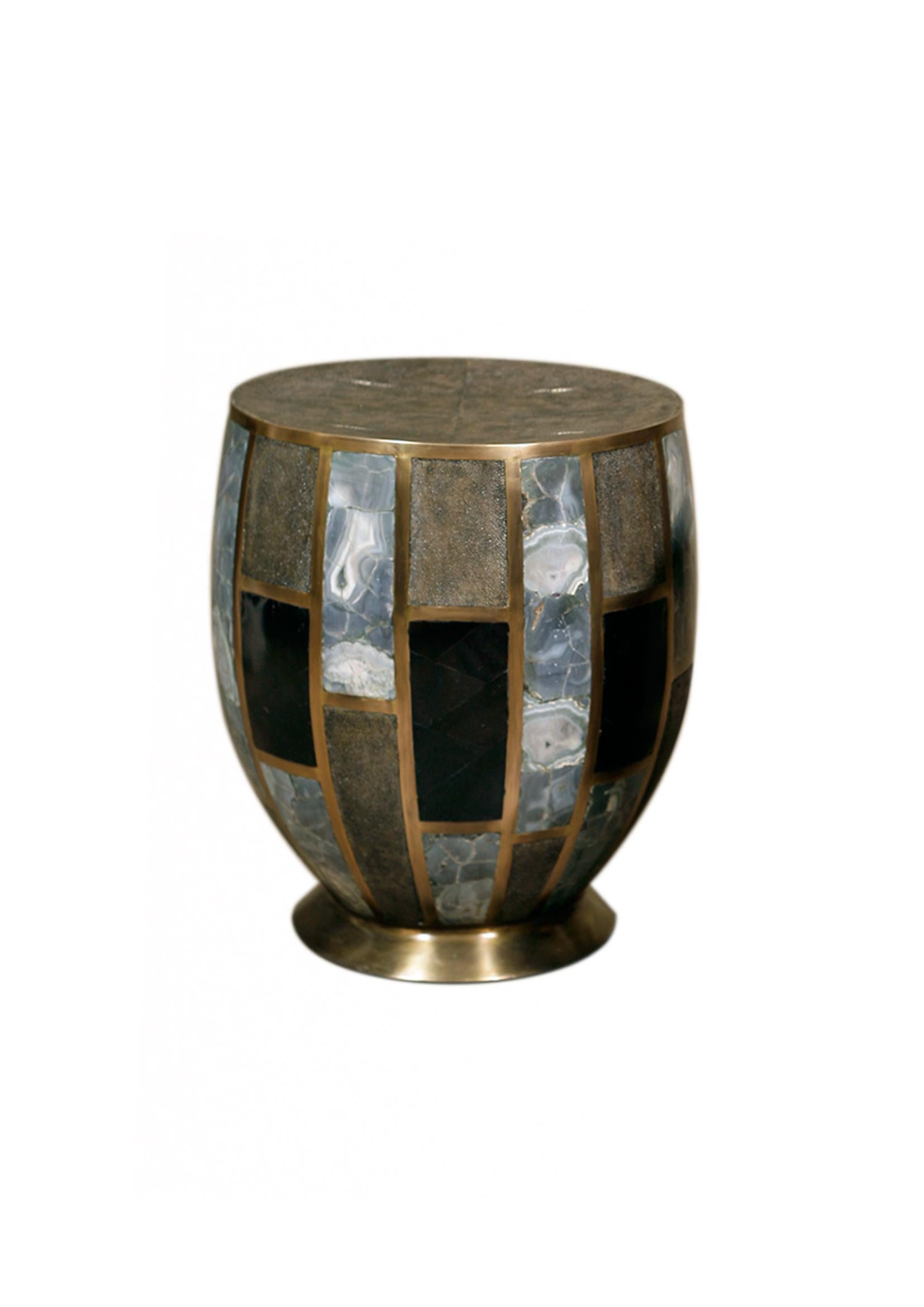 French Tartan Stool in Shagreen/Shell/Agate & Bronze-Patina Brass by R & Y Augousti For Sale