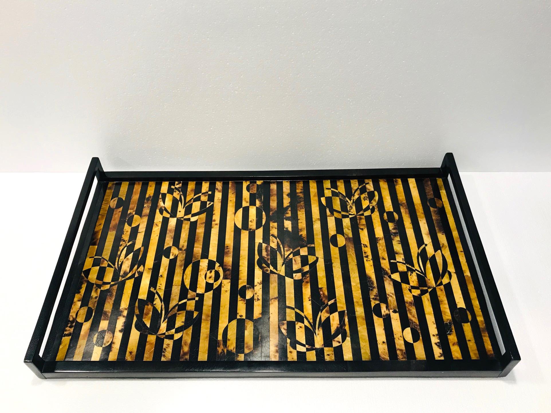 Hand-Painted R&Y Augousti Vintage Mosaic Tray in Black and Tortoise Pen-Shell, circa 2000