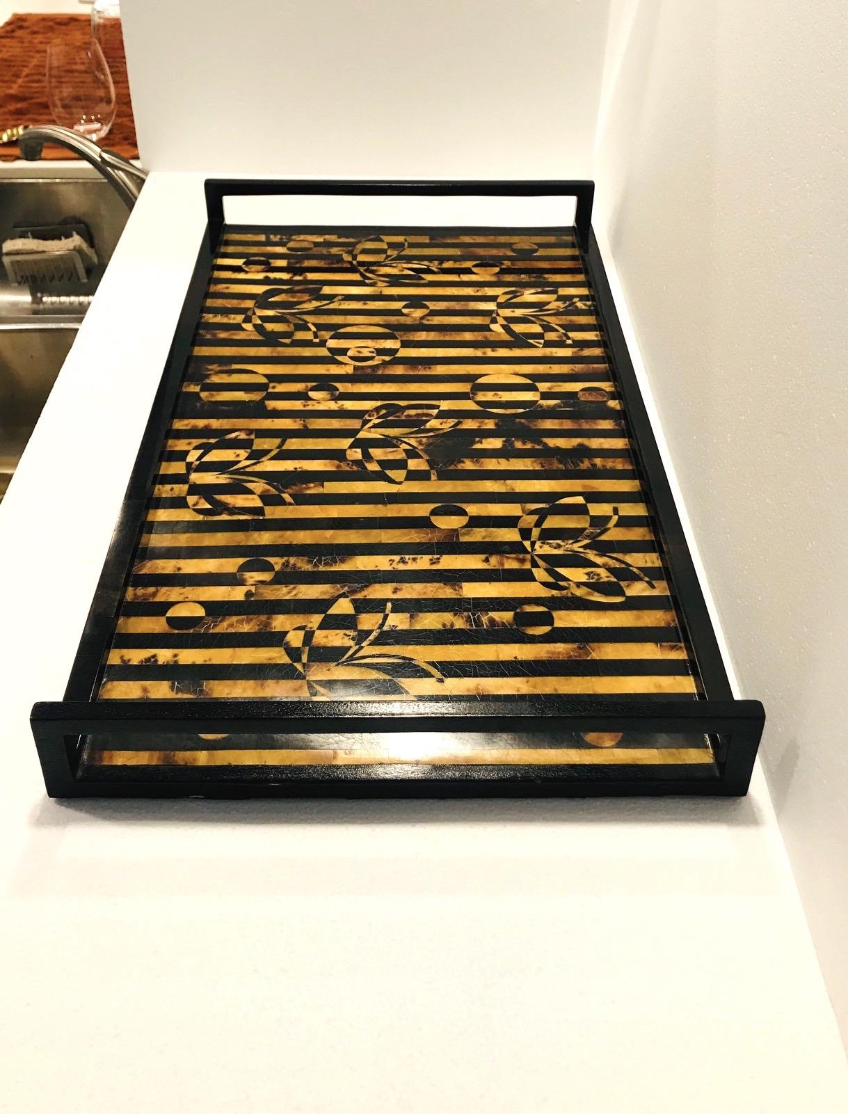 Contemporary Mosaic Butterfly Tray in Black, Brown, and Tan Pen Shell by R & Y Augousti For Sale