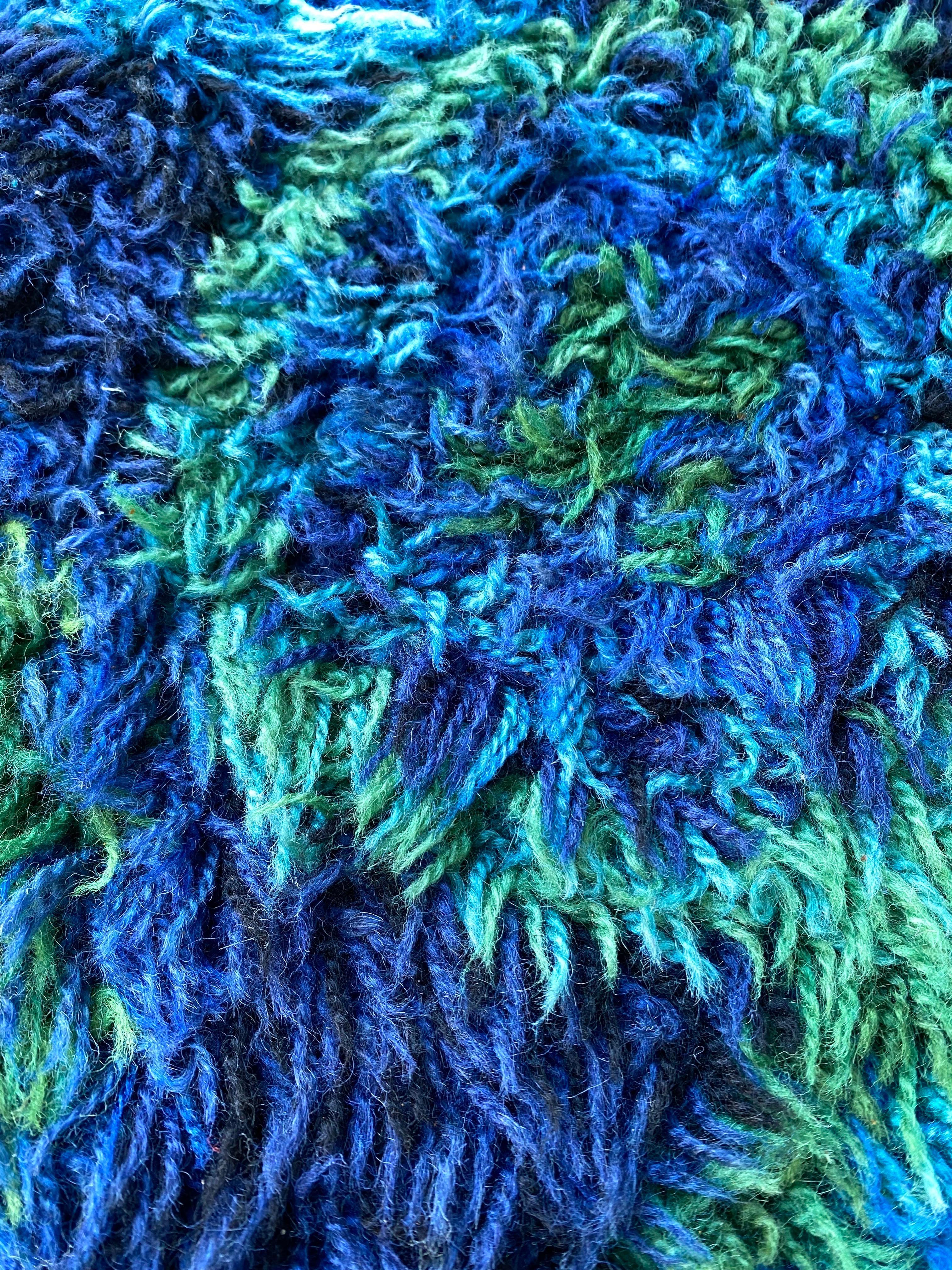 Wool Rya Blue and Green Shag Rug For Sale