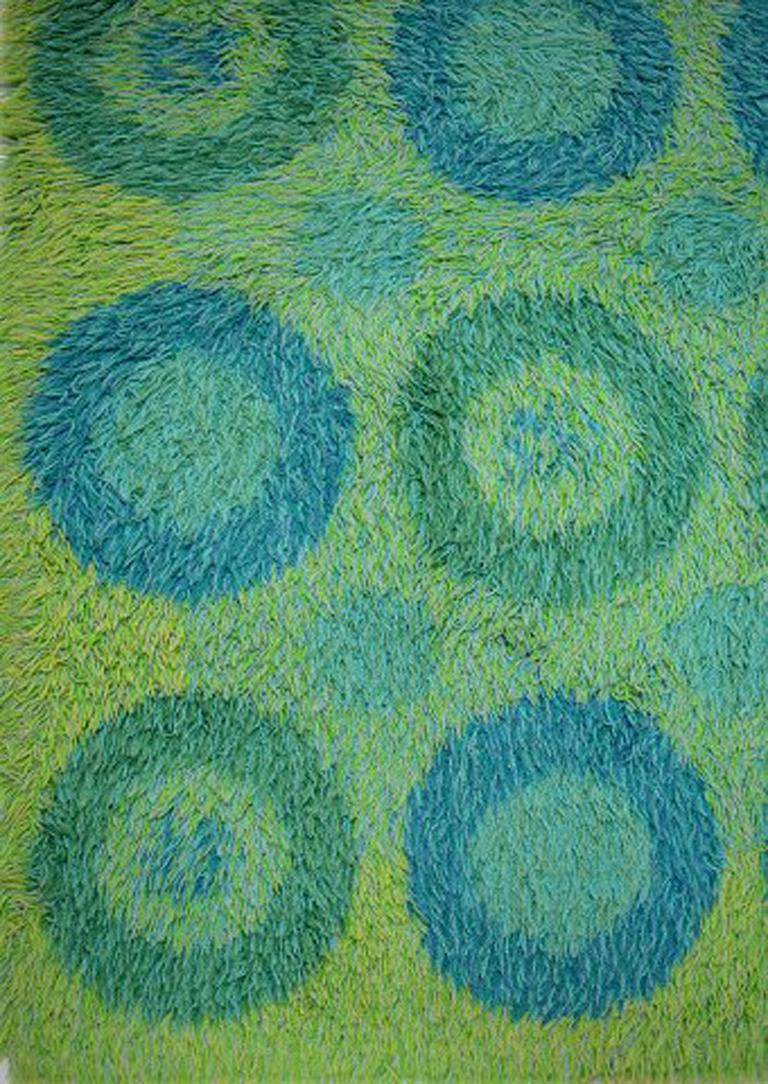 Scandinavian Modern Rya Carpet in Green and Blue Design, 