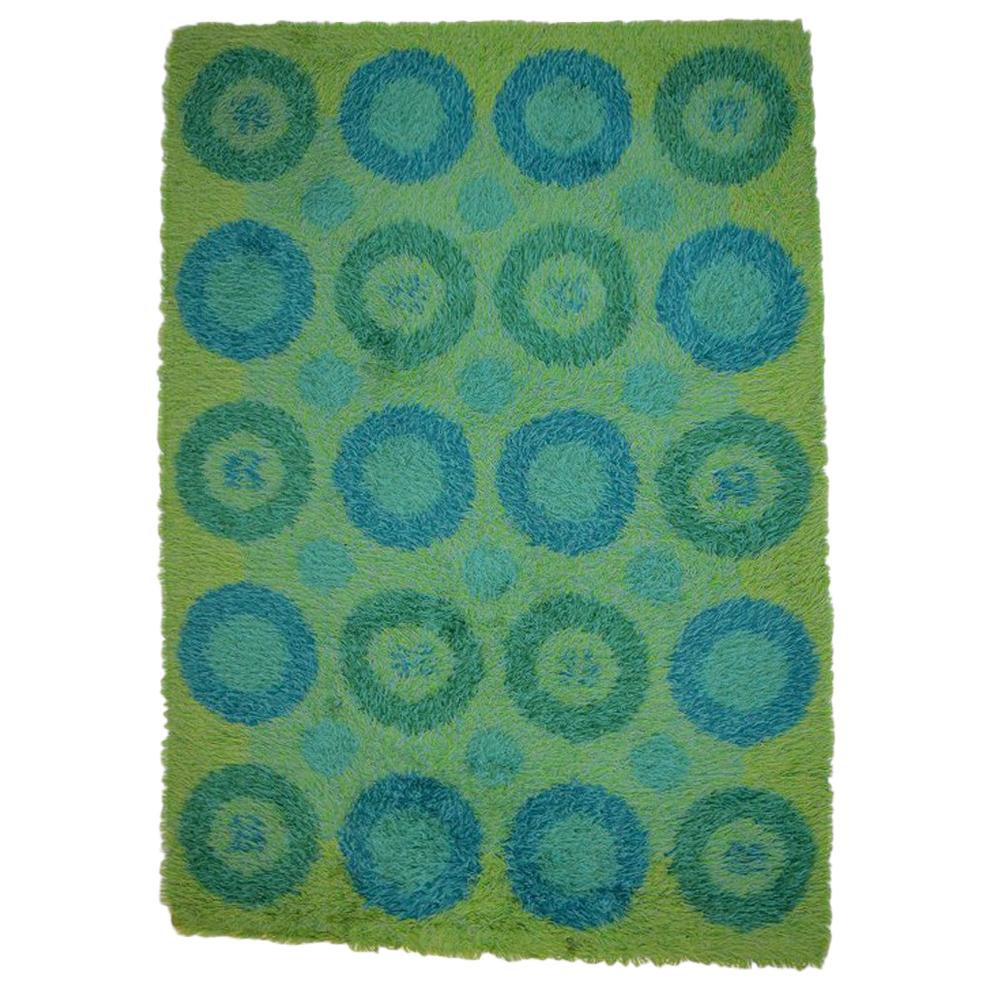 Rya Carpet in Green and Blue Design, "Flower Power" Swedish Designer, 1960-1970